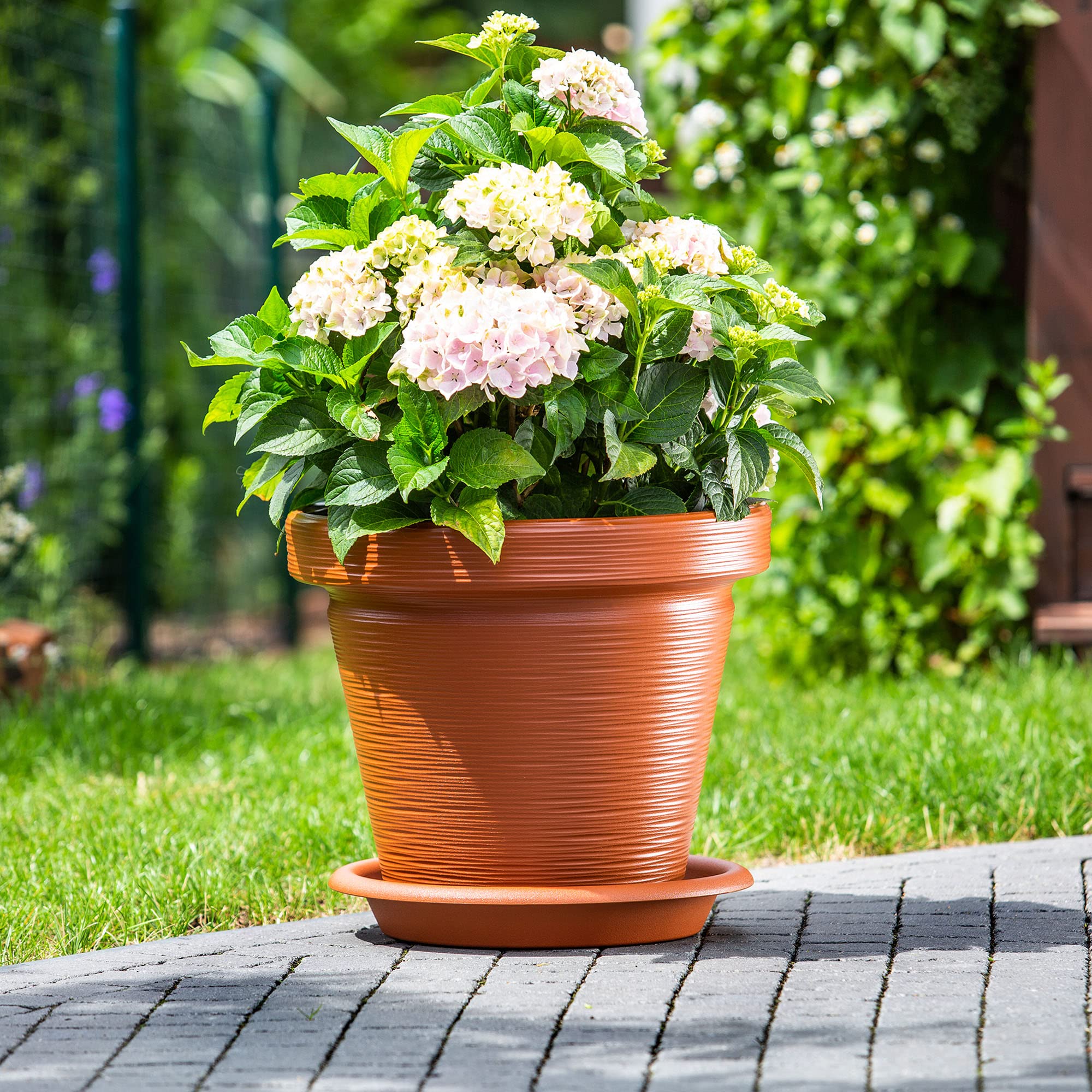 KADAX Pot de Fleurs en Plastique, 4 Couleurs, Pot de Plantes avec Soucoupe, Pot de Plantes, Pot de Plantes avec Motif incisé, Pot de Fleurs en Plastique, Pot de Fleurs Rond (∅ 55 cm, Terracotta)