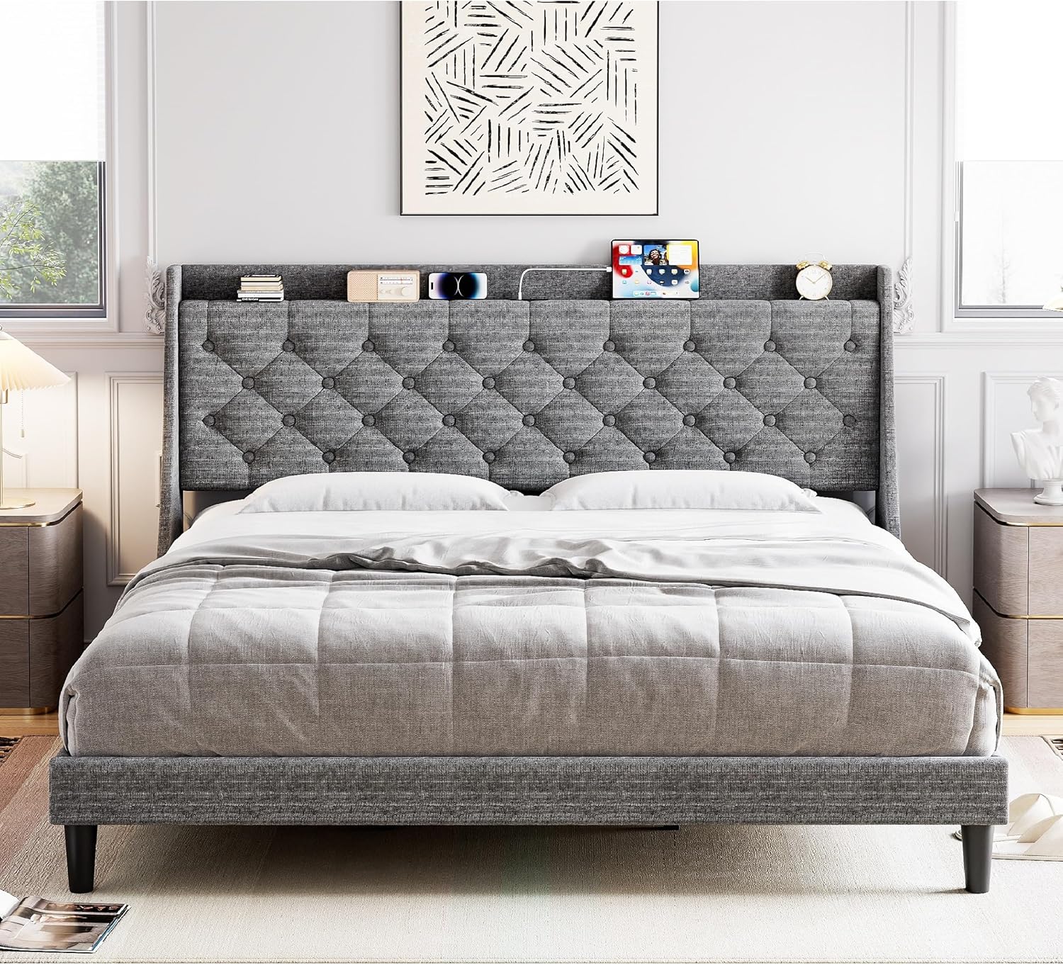 Senfot King Size Bed Frame with Charging Ports & Storage Shelf, Upholstered Platform Bed with Wingback Headboard, No Box Spring Needed, Easy Assembly, Light Gray