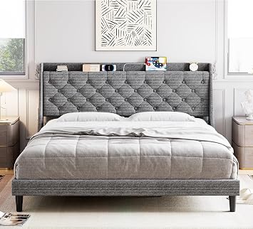 Senfot King Size Bed Frame with Charging Ports & Storage Shelf, Upholstered Platform Bed with Wingback Headboard, No Box Spring Needed, Easy Assembly, Light Gray