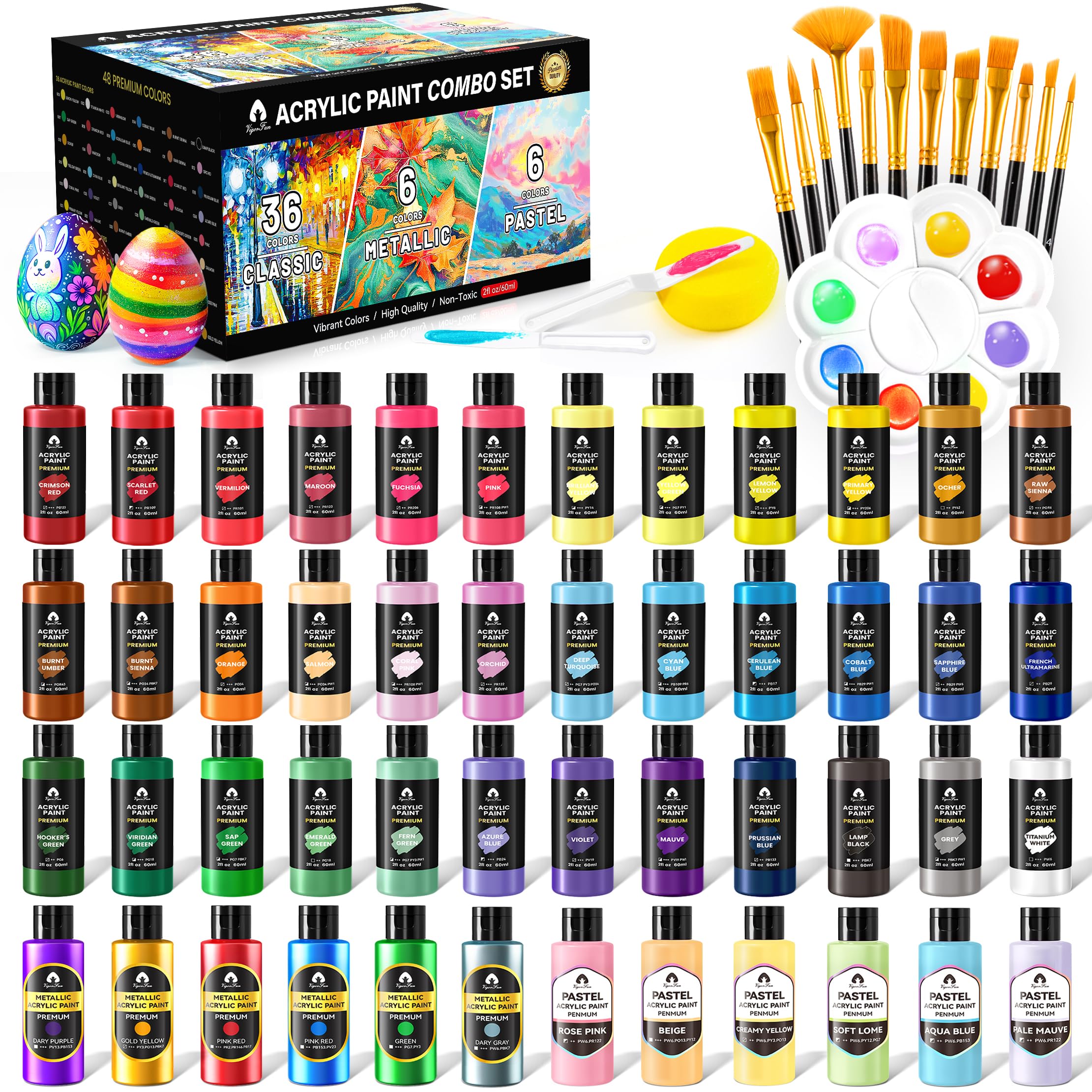 64 Pcs Classic & Metallic & Pastel Acrylic Paint Set with 12 Brushes, 2 Knives & Palette, 48 Colors (2oz/60ml) - for Adults, Kids, Artists & Beginners - Arts and Crafts Painting Kit