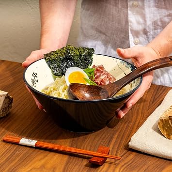 BICETTO Large Ramen Bowl Set, 8-Piece Ceramic Soup Bowls 60oz, Great Wave