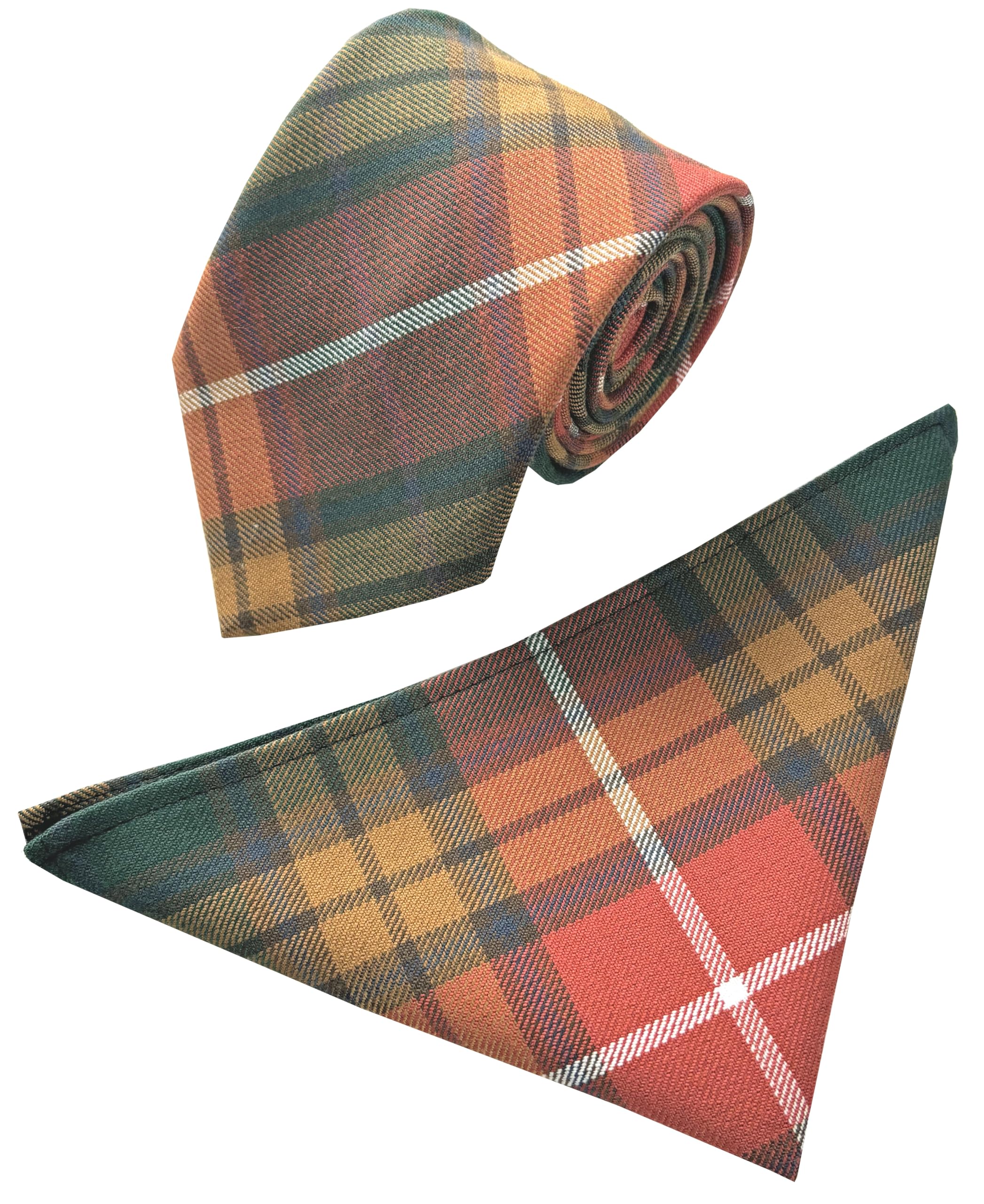 Great British Tie Club Men's Orange, Green, Yellow, White Buchanan Scottish Tartan Neck Tie & Hanky Set