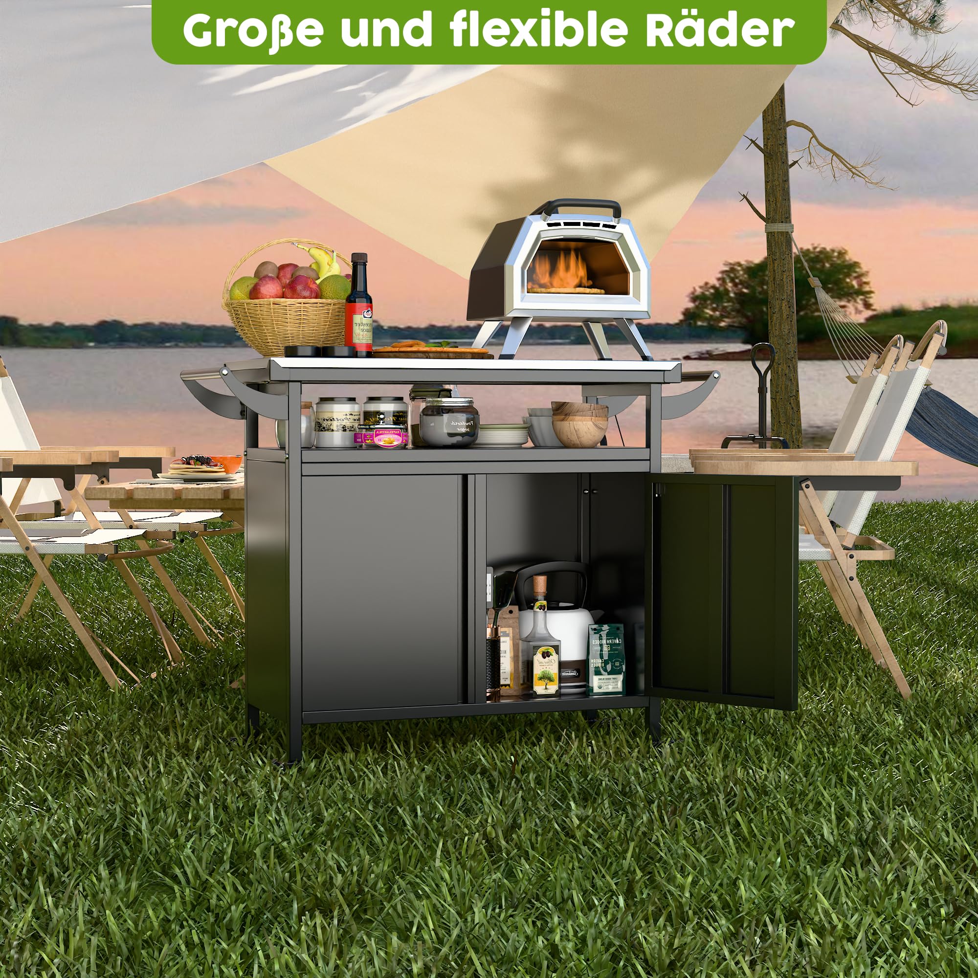 SUPEER Carro de asado, mesa de barbacoa, mesa para pizza con 4 ruedas, placa de mesa de acero inoxidable 304, carro para asar, carro de servicio para exteriores, carro de jardín al aire libre