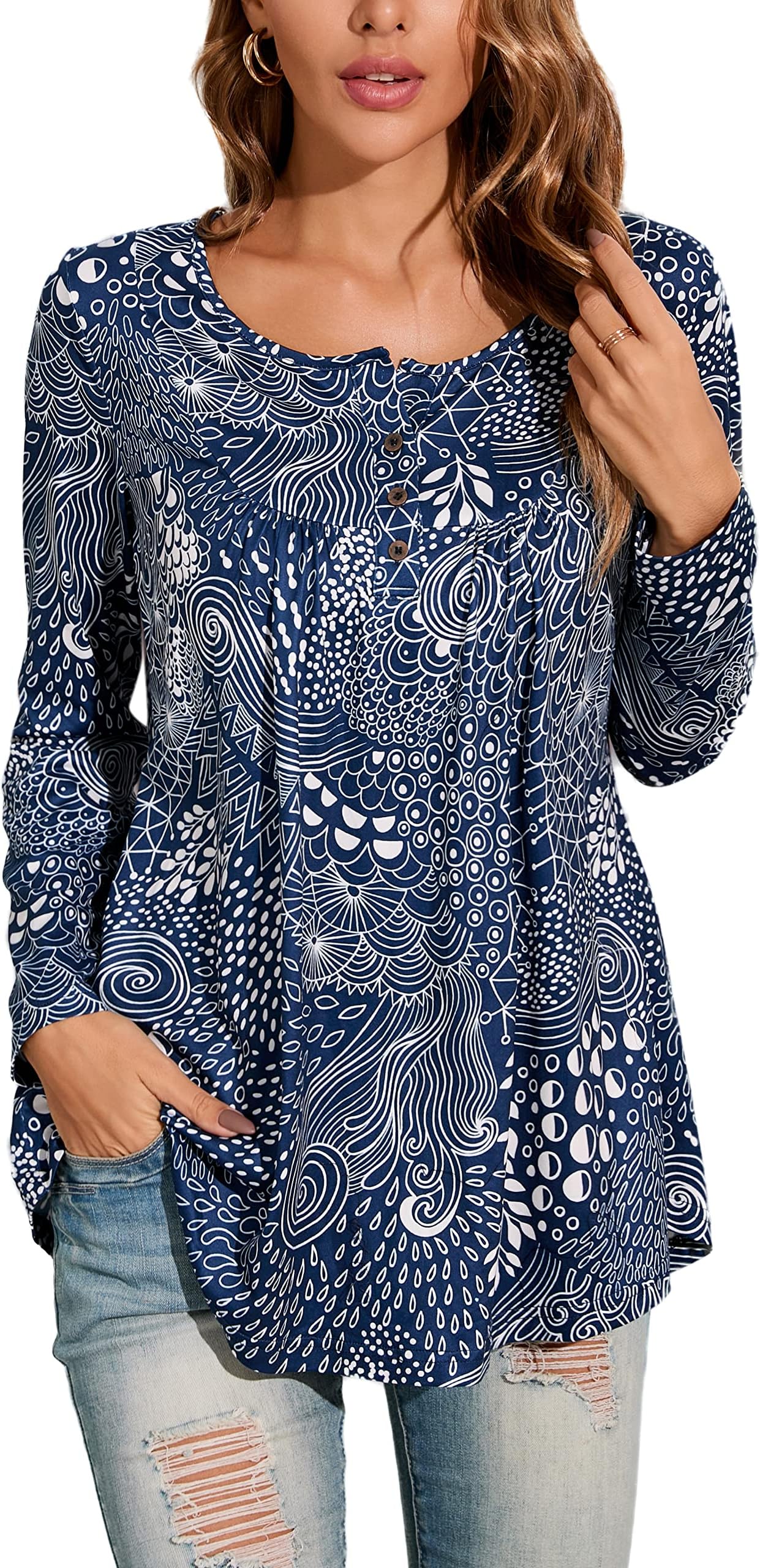 EnmainWomen's Tunic Tops Casual Long Sleeve Blouse Tunic Top for Ladies Round Neck Longline Blouses Shirts Plus Size Swing Tunic Button Up