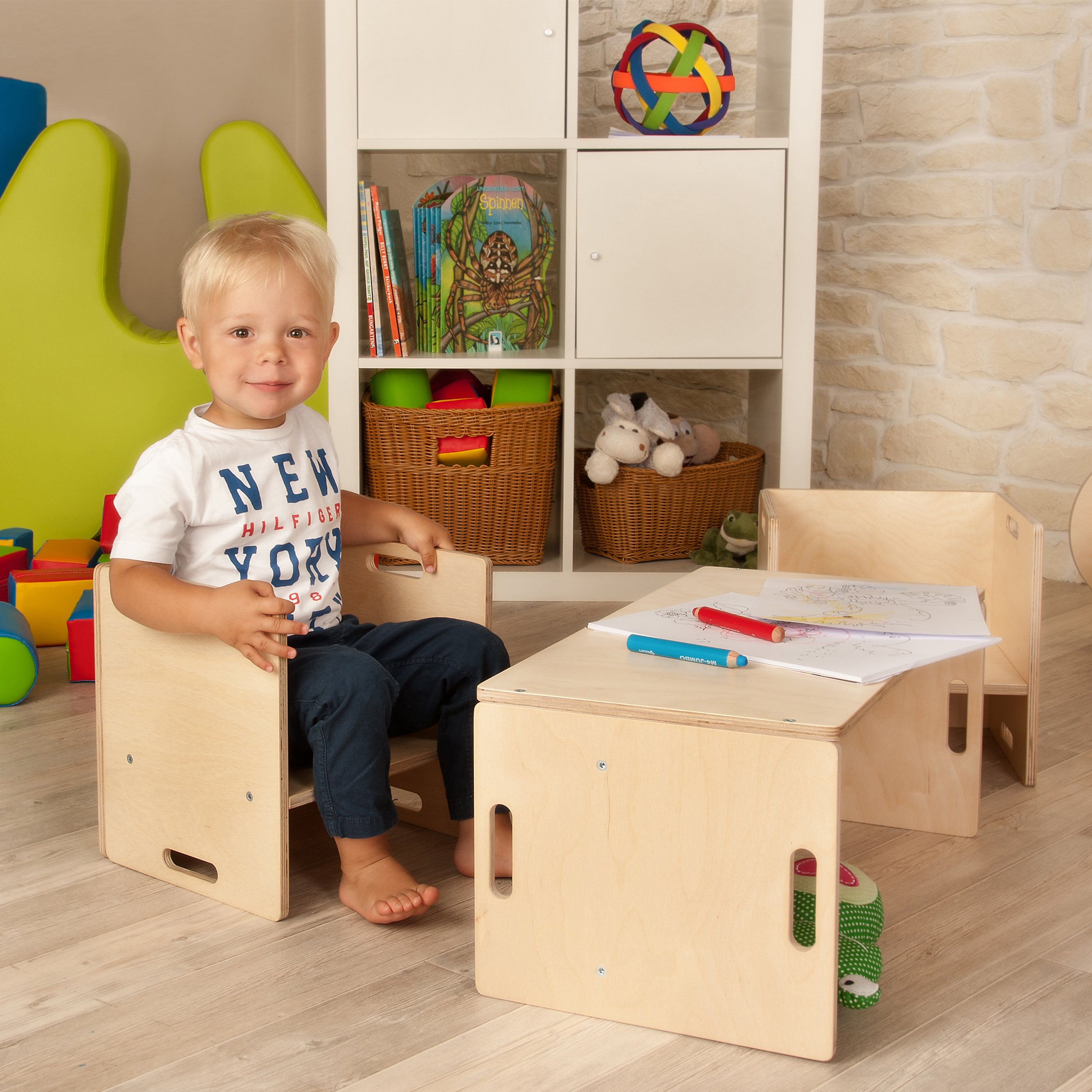 Kindermöbel – 2 Kinderstühle im Set - Sitzgruppe aus Holz – mitwachsende Möbel mit Wendehocker – aus Birken-Multiplexholz