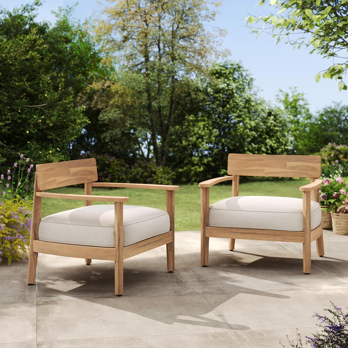 Juego de 2 sillas decorativas para patio de madera Christopher Knight Home Manny Acacia, sillón de madera al aire libre, cómoda silla de lectura con cojín extraíble, sofá salón con respaldo curvo, teca y beige