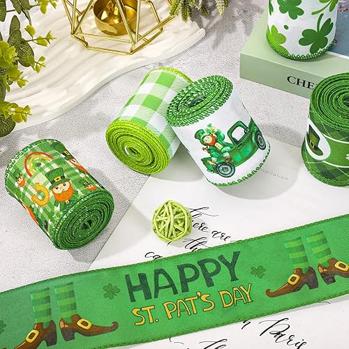 Miniatura 4 de AnyDesign Cinta de borde con alambre para el día de San Patricio de 25 pulgadas 36 yardas trébol duende elfo camión cinta de manualidades rollo de