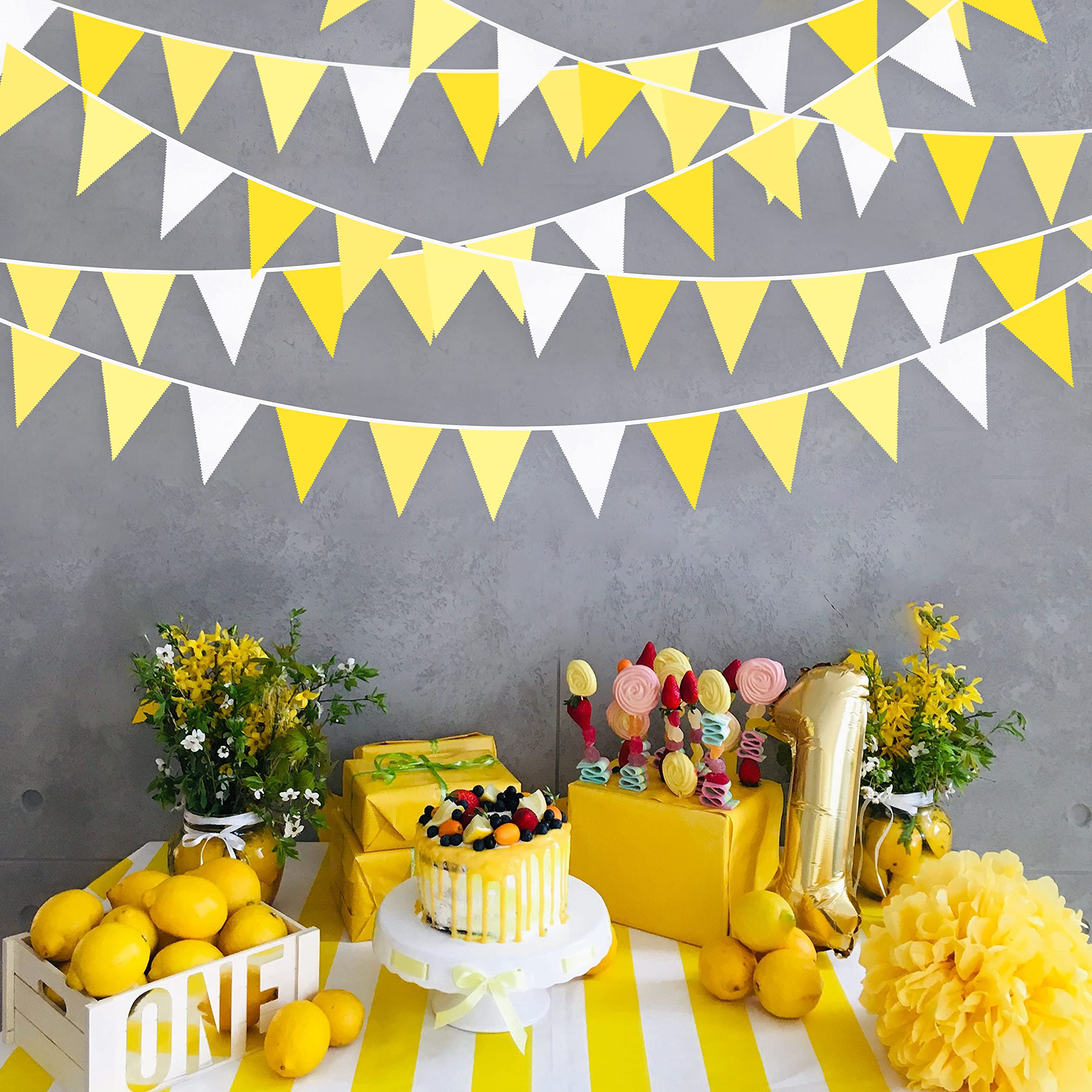 Banderín de tela de 32 pies, color amarillo y blanco, banderín para abejas, girasol, boda, cumpleaños, baby shower, aniversario, fiesta, hogar, guardería, jardín, decoración de festivales (36 piezas)