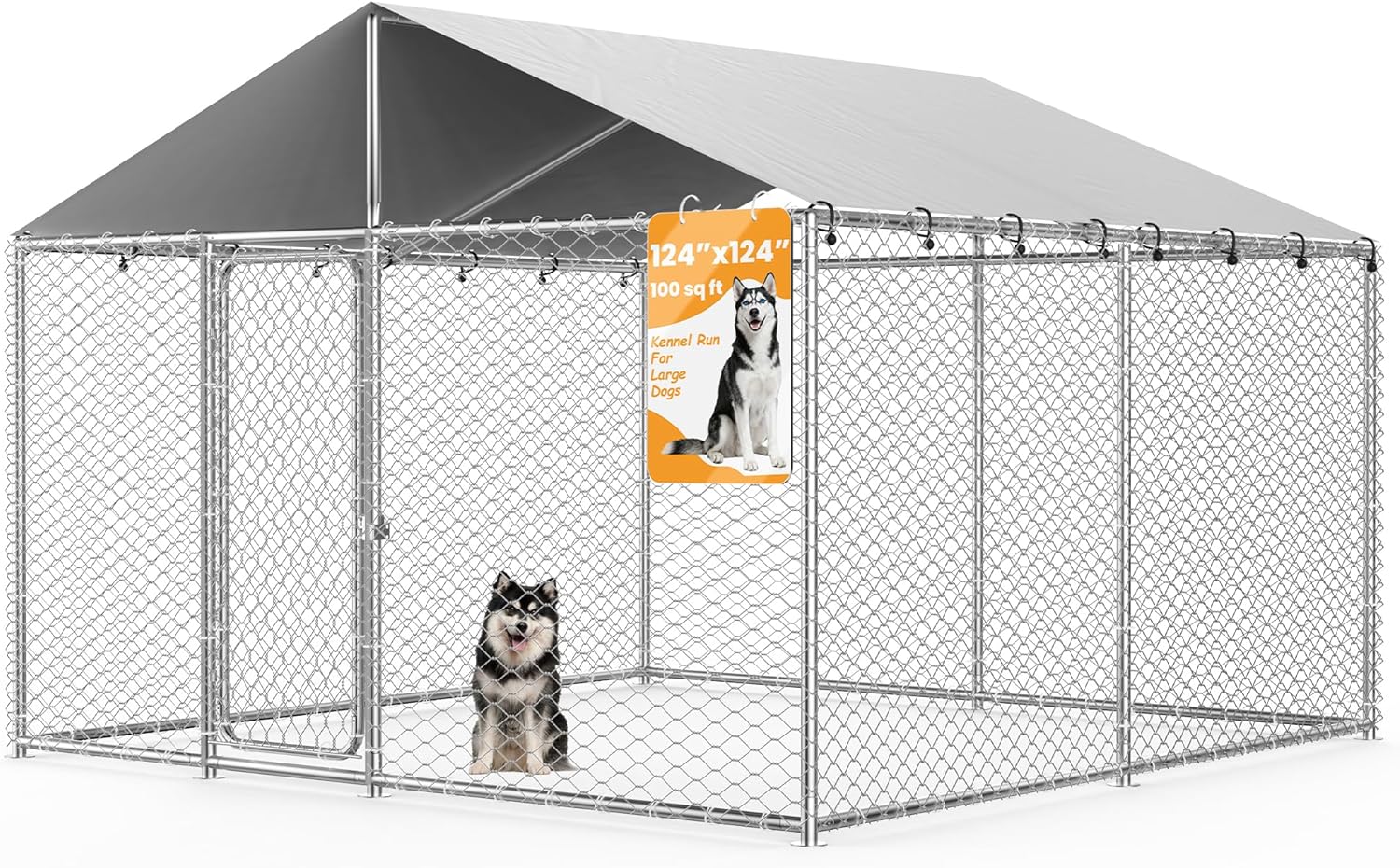 10x10 FT Outdoor Dog Kennel with Waterproof Roof - Heavy Duty Metal Exercise Pen, Weatherproof UV-Resistant Cover & Secure Locking for Large Dogs（124 x 124 x 87IN）