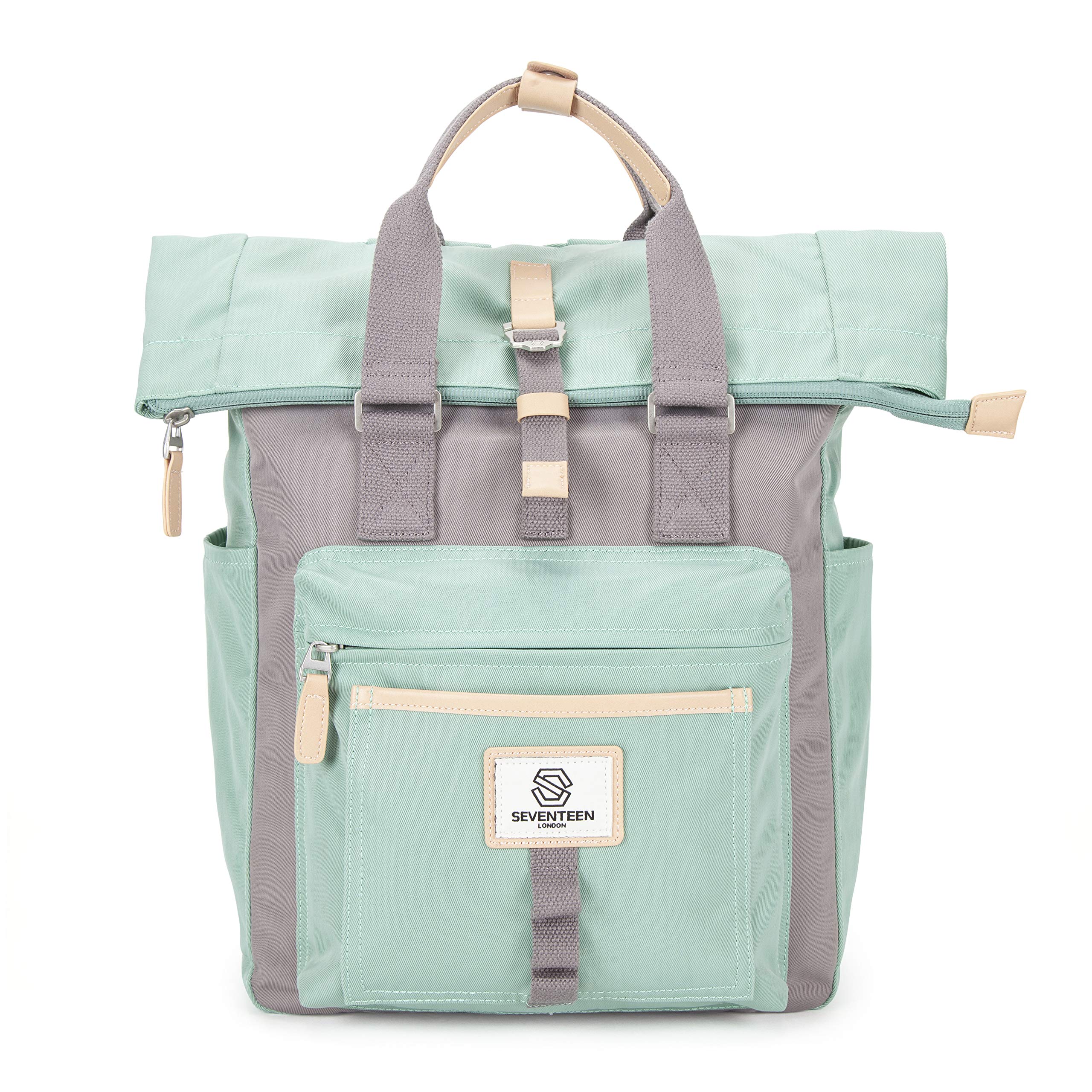 SEVENTEEN LONDON – Modern Cycling Pastel Green & Grey 'Canary Wharf' Fold Roll Top Backpack in a Classic Slim Urban Design – Fits Laptops up to 15"