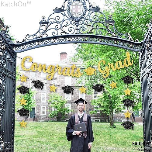 Miniatura 8 de KatchOn, Cartel de graduación de felicitaciones negro y dorado  10 pies, sin bricolaje  Cartel de graduación con purpurina para decoraciones de