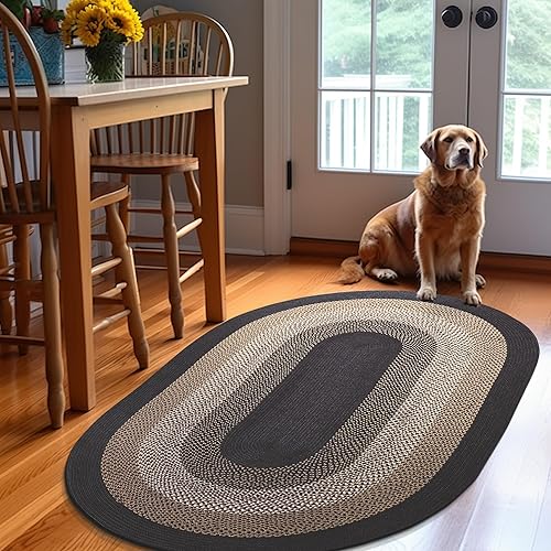 Miniatura 3 de Super Area Rugs - Alfombra trenzada rústica en tonos taupe y gris oscuro, ovalada para puertaentrada principal, alfombra tejida para exteriores, 2 x