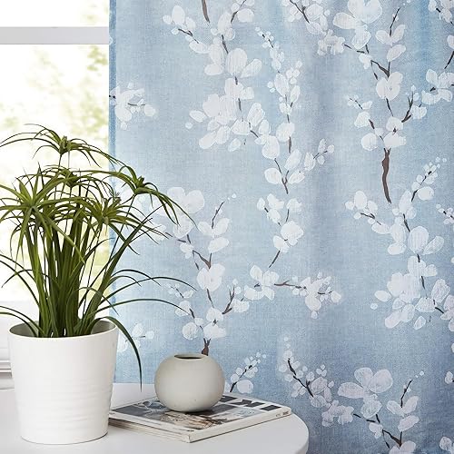 Miniatura 7 de FMFUNCTEX Cortinas de cocina azul-blancas para baño, cortinas de lona pequeñas florales para baño, sótano, ventanas de 24 pulgadas, filtro de luz,