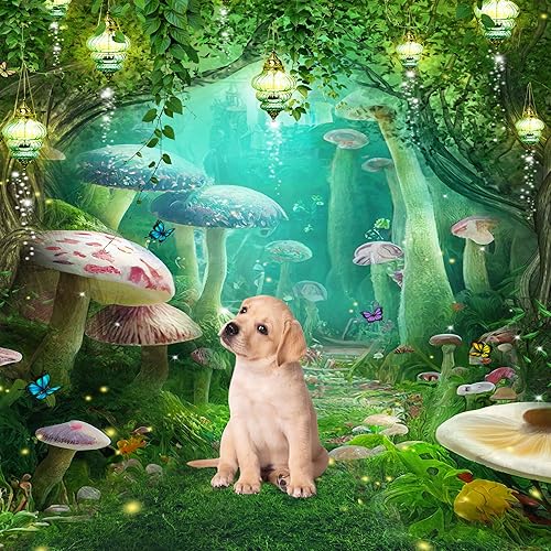 Miniatura 2 de Riyidecor Telón de fondo de bosque encantado Tela de poliéster Greenery Wonderland Tale Hongo Mariposa Bosque Planta 5 W* 7H Pies Fantasía Dreamland