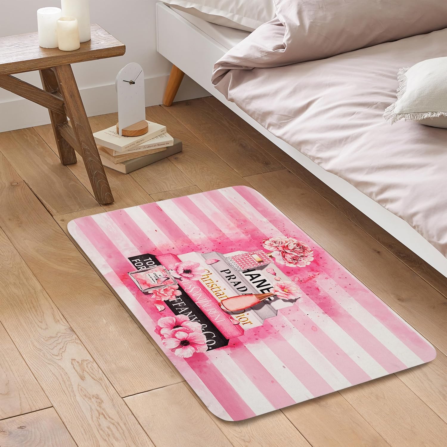 Pink Bathroom Rugs, Girly Fashion Book Floral Perfume Bath Mat, Suede Absorbent Pink Bathroom Decor Floor Mat with Non Slip Rubber Backing, 20 x 32 Inch