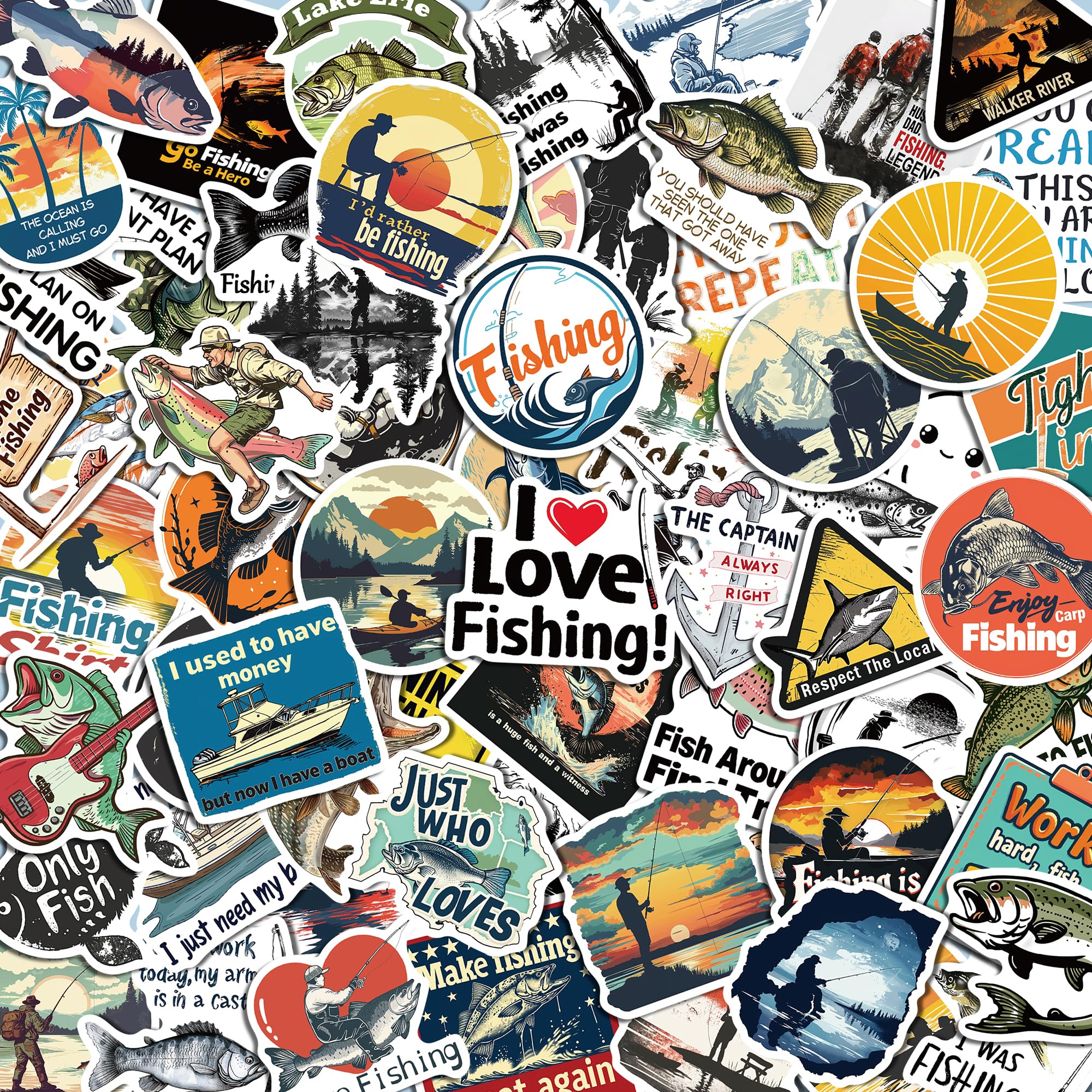 102pcs Funny Fishing Stickers, Go Fishing Outdoor Adventure Stickers for Laptop Skateboard Water Bottles Scrapbook, Waterproof Vinyl Fish Decals Gifts