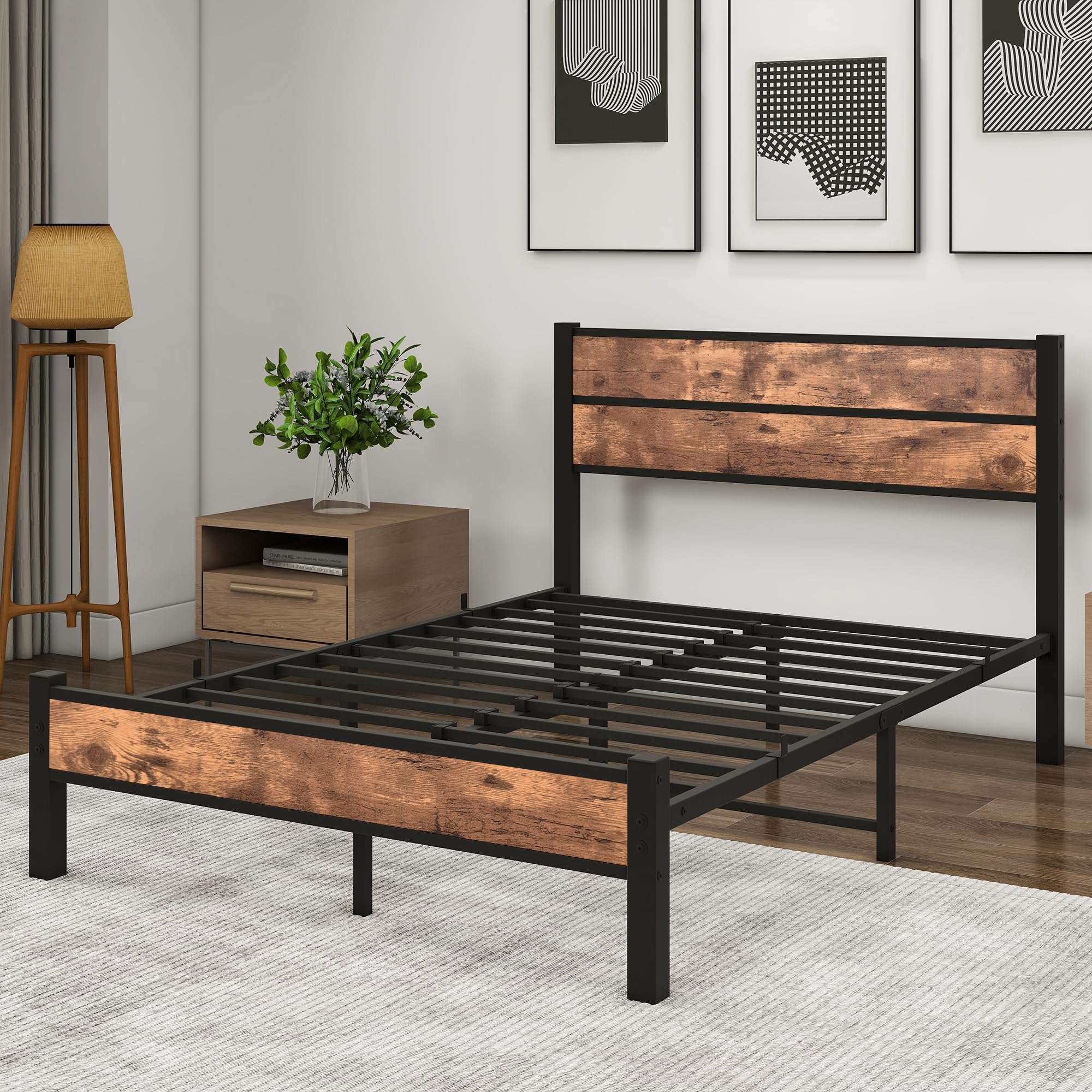 HOMERECOMMEND Eenpersoonsbedframe met rustiek houten hoofdeinde, robuust metalen platformbedframe, solide en stabiel, sterke metalen latten HOMERECOMMEND Eenpersoonsbedframe met rustiek houten hoofdeinde, robuust metalen platformbedframe, solide en stabiel, sterke metalen latten