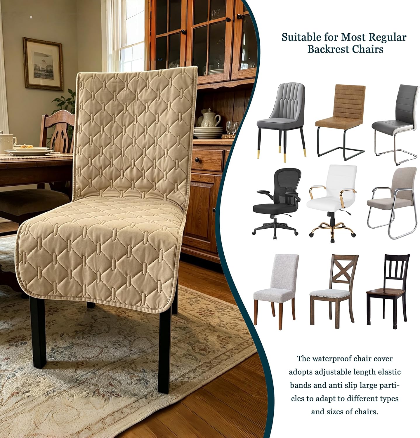 Yonus Waterproof Dining Chair Cover, Quilted Parsons Chair Protector, Removable Washable Chair Seat Cover with Elastic Straps for Kitchen, Dining Room, Kids and Pets (Khaki, 2PCS)