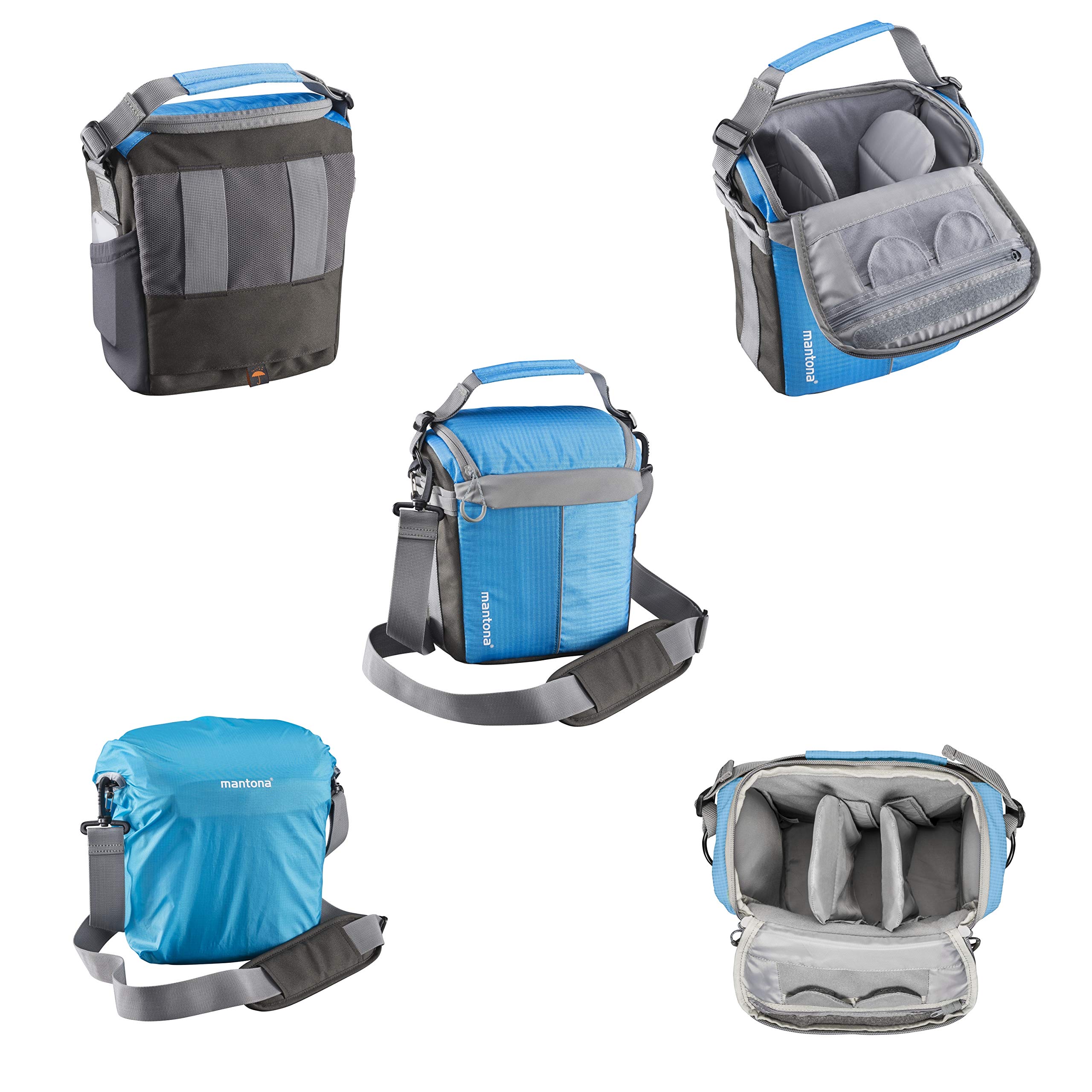 Mantona Elements Outdoor Zaino blu 2in1 per fotocamera e trekking, borsa fotografica con scomparti imbottiti per DSLR, drone, con supporto treppiede e copertura antipioggia