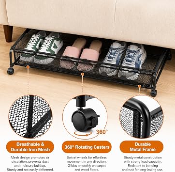 Goaste Under Bed Shoe Storage Organizer with Wheels, Rolling Underbed Storage Containers, Metal Shoe Rack Drawer Space Saving for Bedroom Organization, Shoes, Toys (Black)