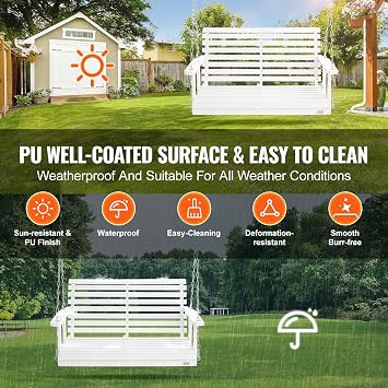 VEVOR Wooden Porch Swing 4 ft, Patio Bench Swing for Courtyard & Garden, Upgraded 880 lbs Strong Load Capacity, Heavy Duty Swing Chair Bench with Hanging Chains for Outdoors, White