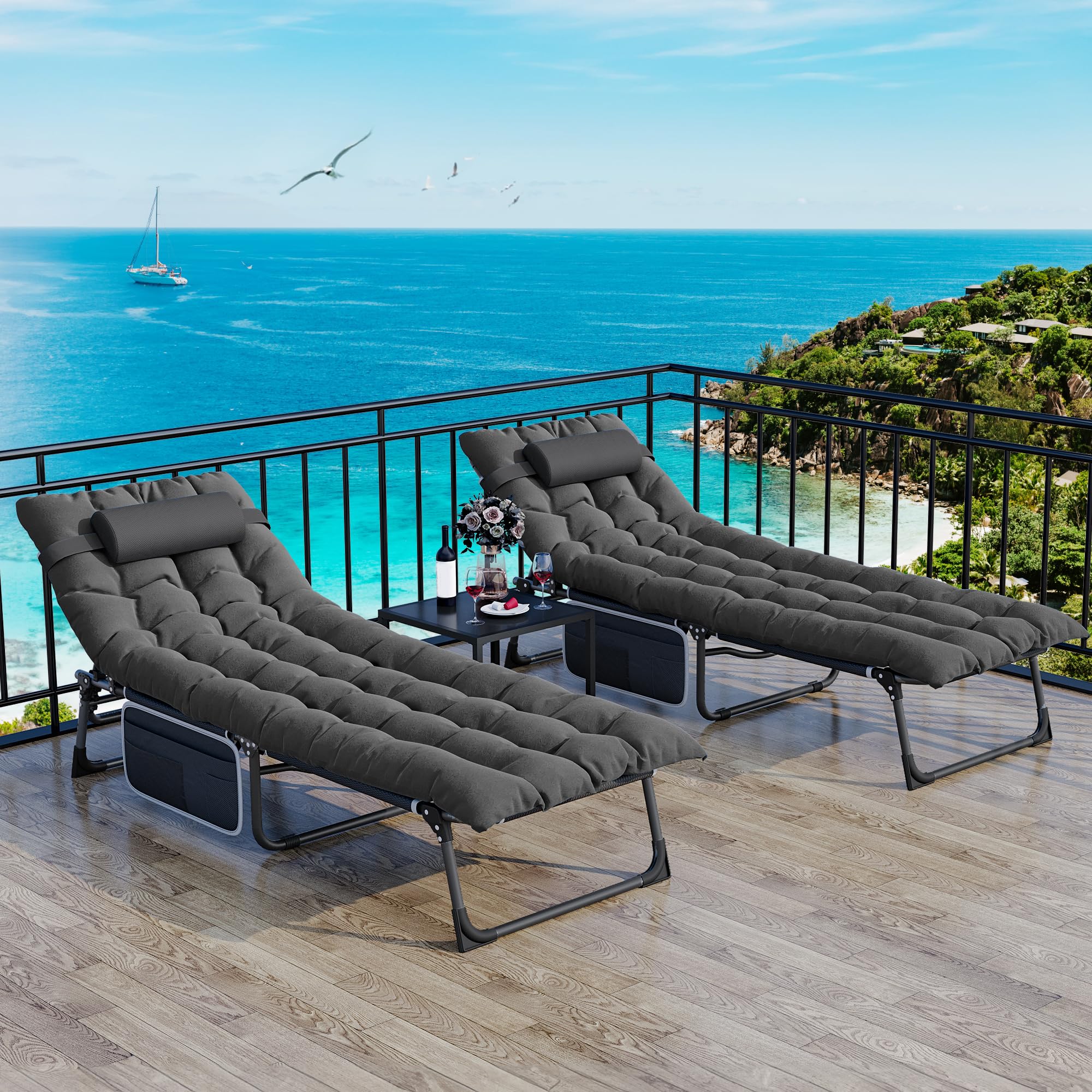 YITAHOME Bains de Soleil avec Coussin 190x68x31cm Chaise Longue Réglable en 4 Positions, Transat Jardin Exterieur avec Appui-tête et Latérale Capacité de Charge 200KG pour Jardin, Piscine, Noir