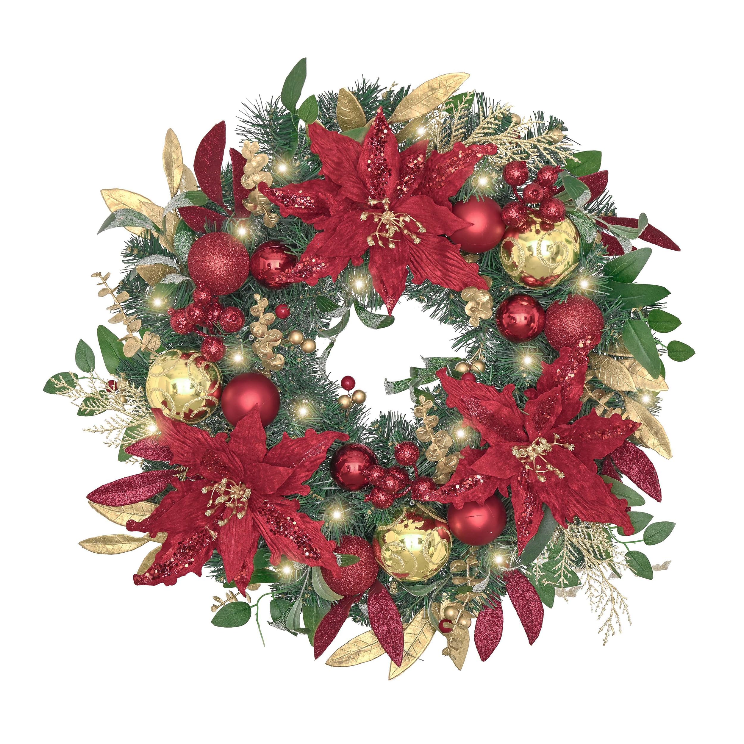 Valery Madelyn Pre-Lit Christmas Wreath for Front Door with Lights, 24 Inch Large Lighted Christmas Wreath with Red Gold Xmas Ball Poinsettia for Fireplace Window Outdoor Table Centerpiece Decoration