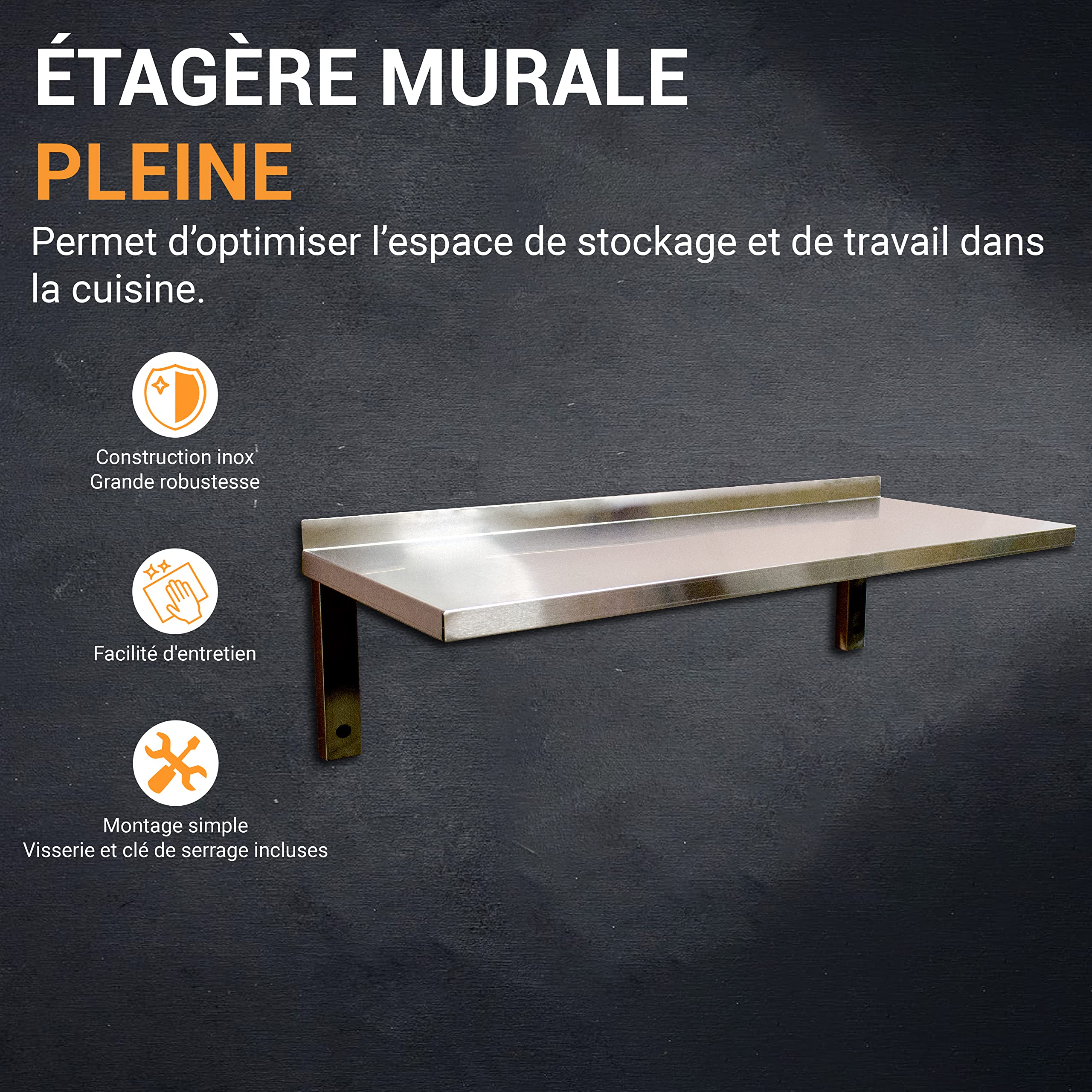 L2G - Etagère Murale Pleine - Construction INOX - Dosseret Arrière 30 mm - Consoles Tubulaires Soudées en Tube 25 x 25 mm - L.800 x l.300 mm - Hauteur Totale 250 mm