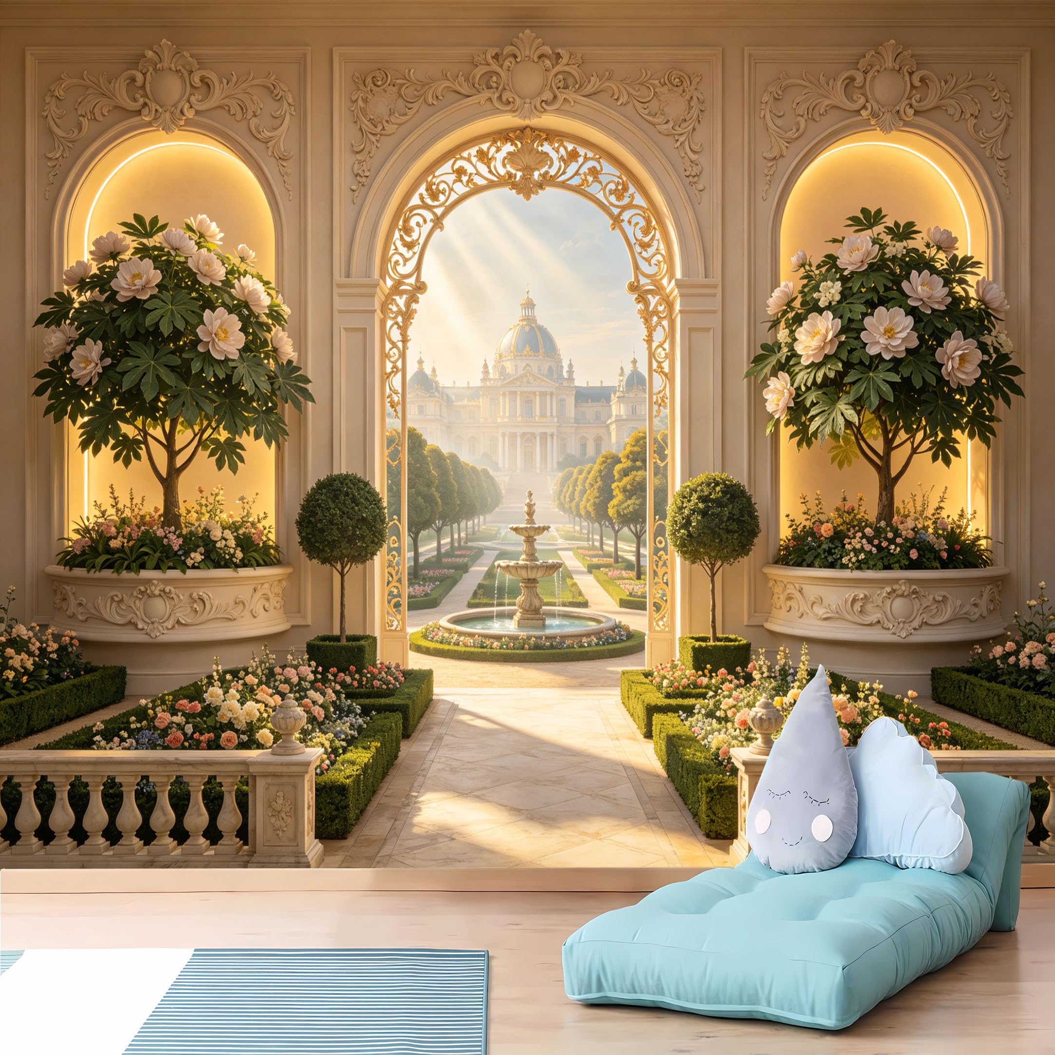 Custom Size Wall Murals 3D Ornate Palace Garden View Through Golden Arched Door Realistic Wall Murals Self-Adhesive Wall Fabric (NO PVC) Removable Wallpaper