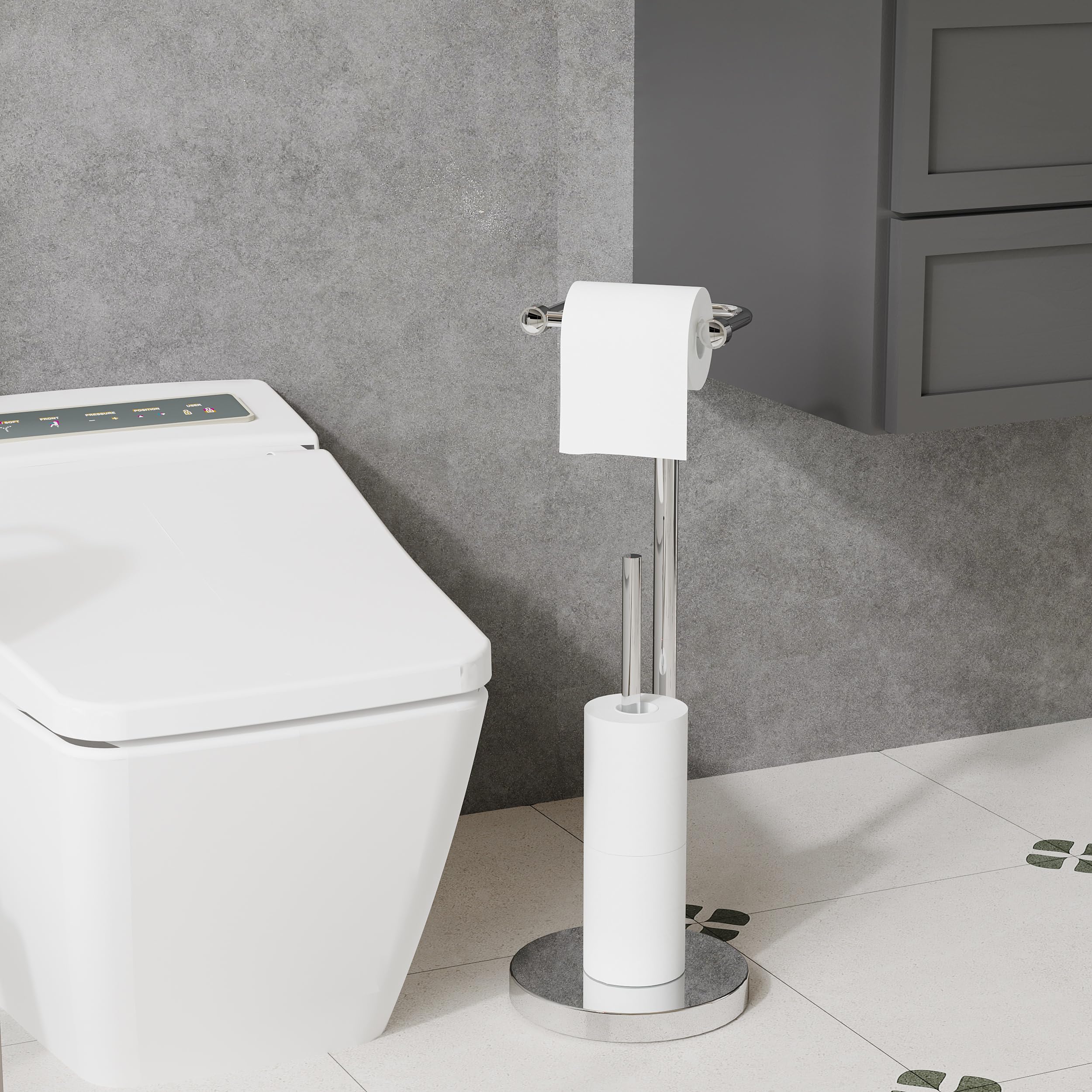 Porta rotolo di carta igienica con contenitore, in acciaio inox, cromato | Supporto per rotolo di carta igienica a doppio palo girevole, base pesante, per bagno, supporto per rotolo di carta igienica