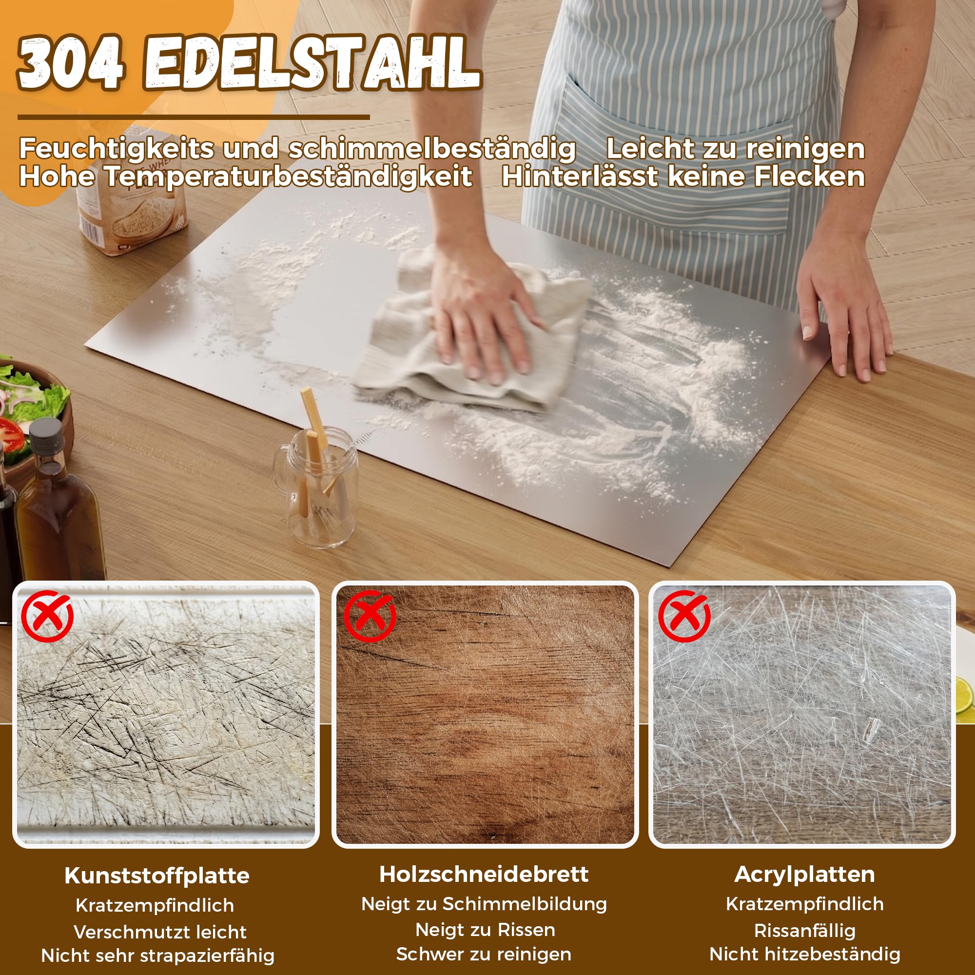 Edelstahl Arbeitsplatte mit Kante 90×50cm Schneidebrett Edelstahl mit Nudelholz aus Edelstahl und Rutschfeste Matte Schneidbretter für Arbeitsplatte Küche, Bar, Restaurants