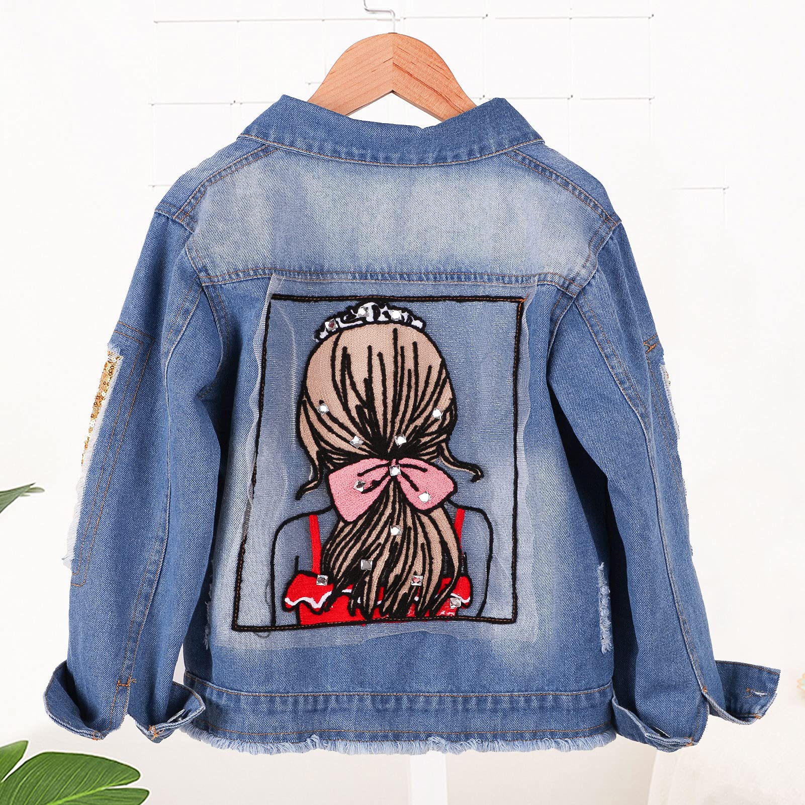 Veste Denim Enfant Fille Blouson Parka Mi-saison Manteau en Jean Enfant Imprimé de Dos de Fille pour Printemps Automne