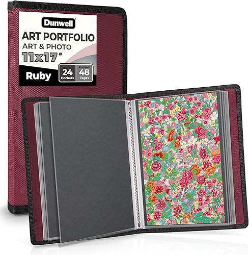 Miniatura 9 de Dunwell Carpeta de arte de 11 x 14 pulgadas con papel de montaje (negro), carpeta grande para almacenamiento de obras de arte, 24 fundas para 48