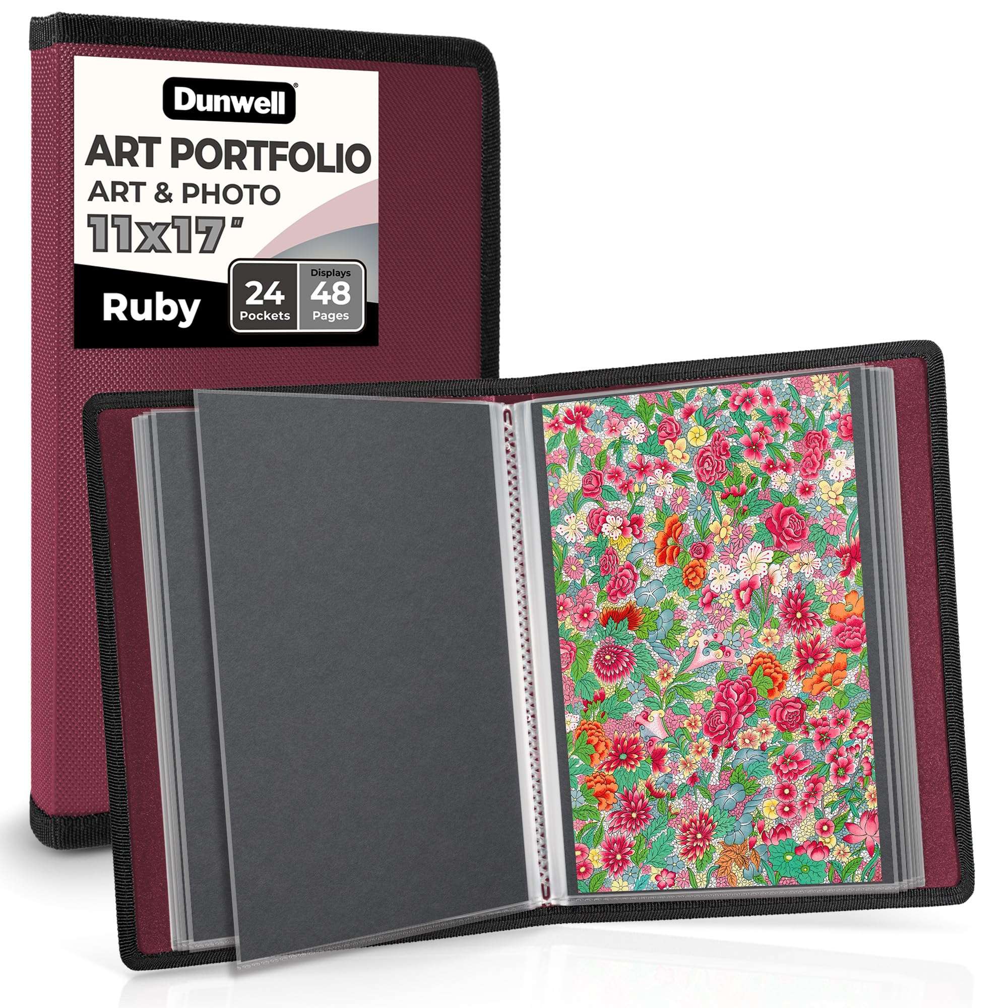 Dunwell Art Portfolio 11x17 Folder - Ruby, 1 Pack: Large Artwork Storage, 24 Pockets, Display 48 Pages, Black