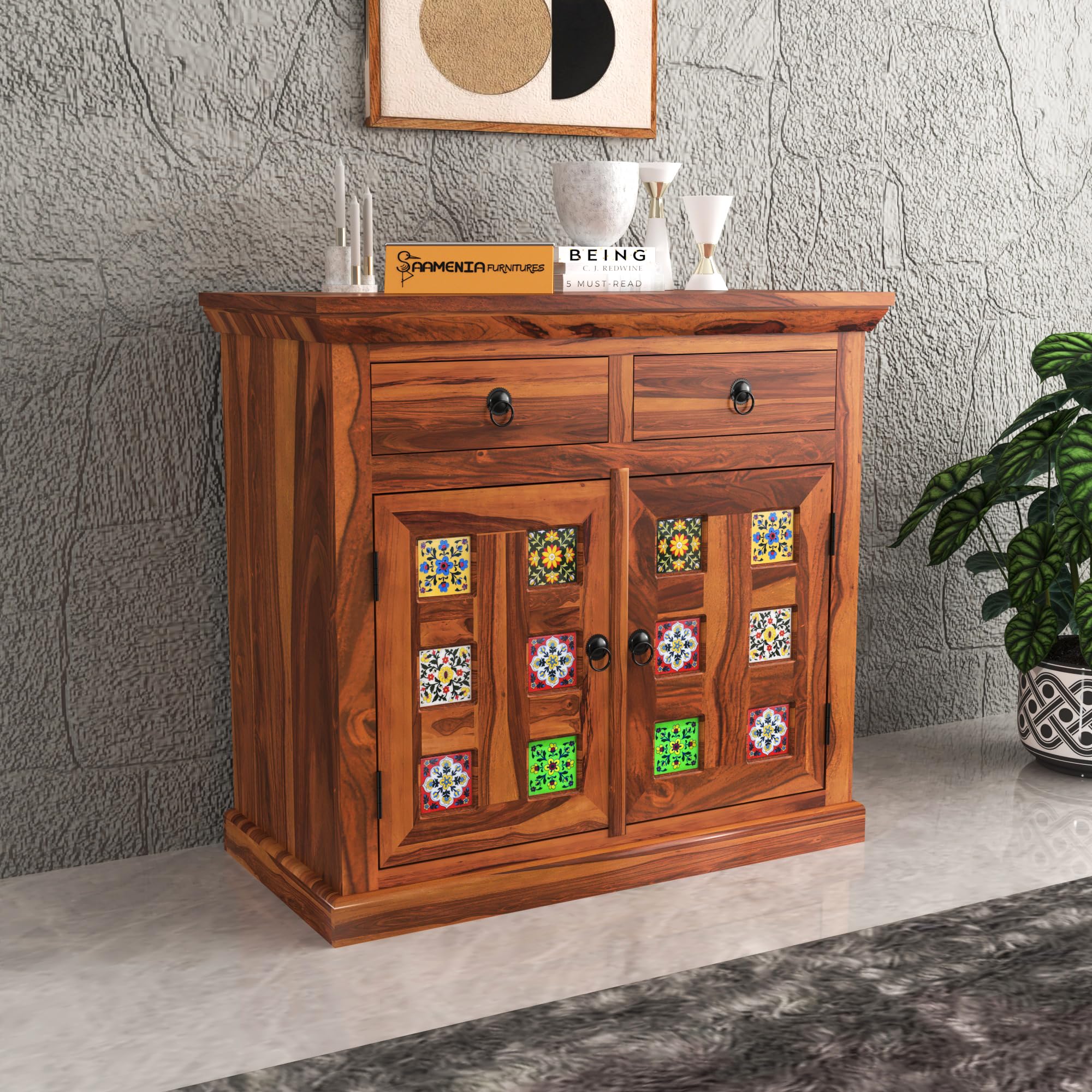 Mamta Furniturer Small Wooden Cabinet for Living Dining Drawing Bedroom & Office with 2 Drawer & 2 Rack - Solid Wood Sheesham Honey Finish Cabinet in Traditional Rajasthani Style-image-21
