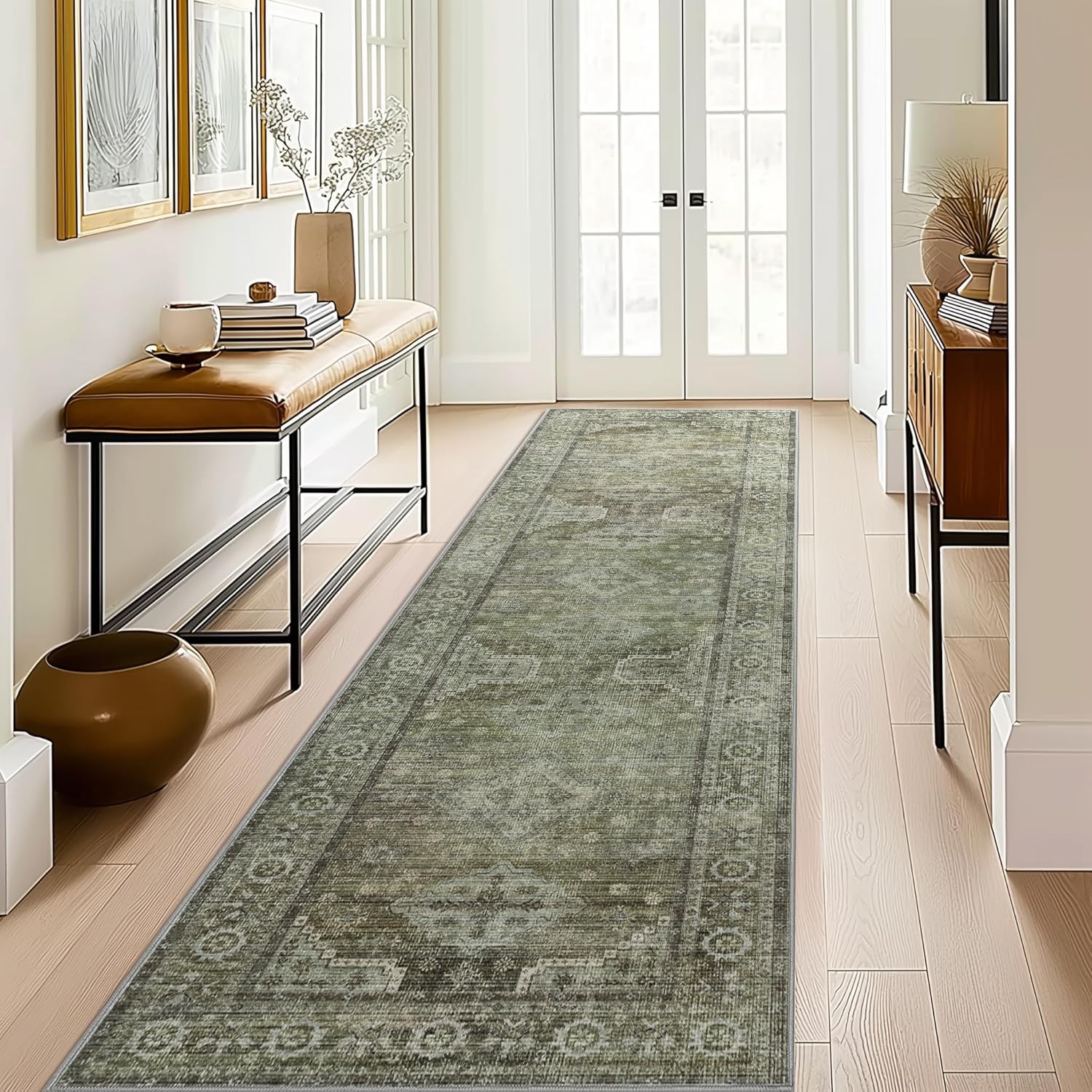 Runner Rug 2x12 for Hallway Living Room Bedroom, Machine Washable Rug, Print Vintage Tribal Aesthetic Carpet, Low Pile Thin Mat with Non Slip Rubber Backing, Distressed Sage