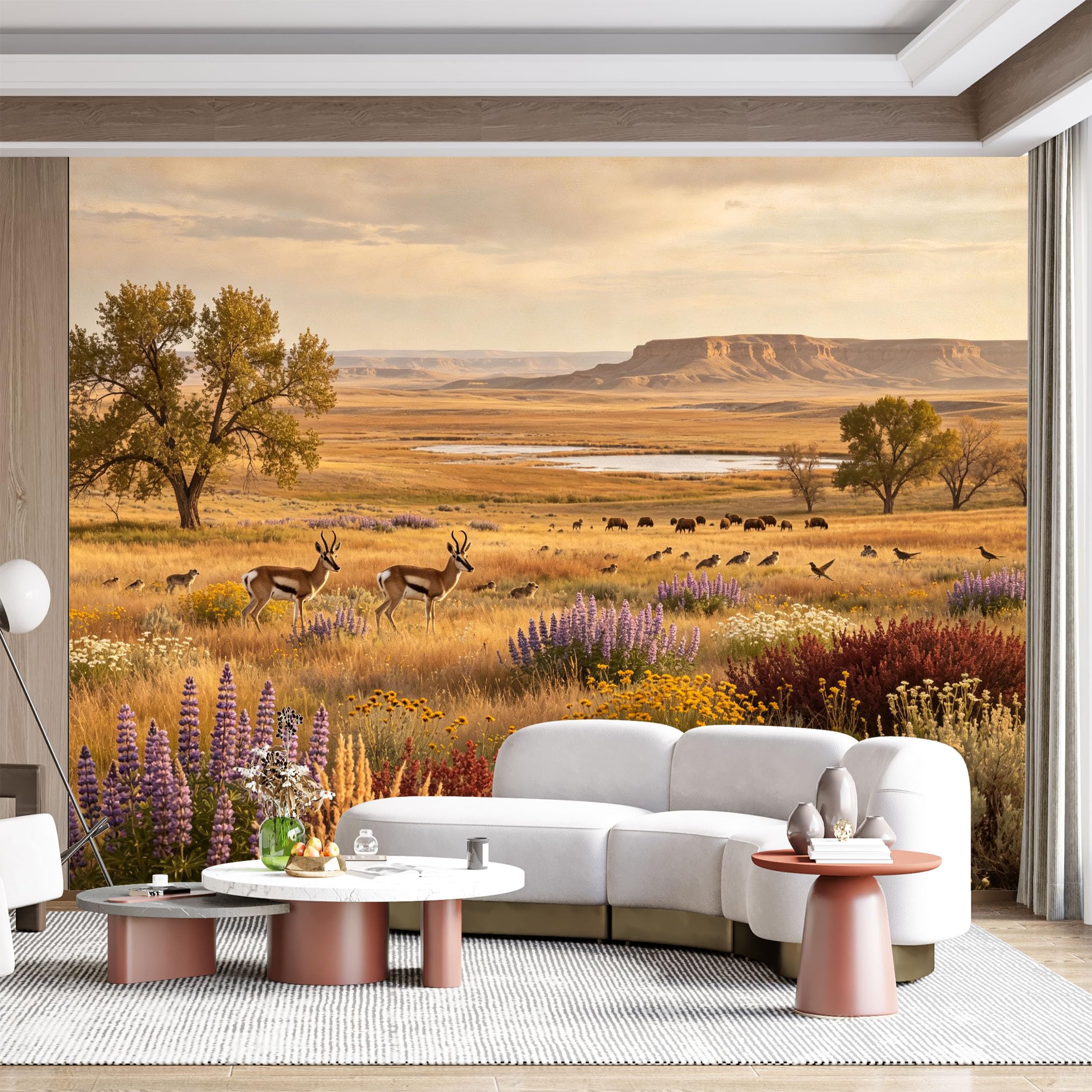 Custom Size Wall Mural Prismatic Prairie Wildlife Landscape American Country SelfAdhesive Wall Fabric Removable for Home Office Decor