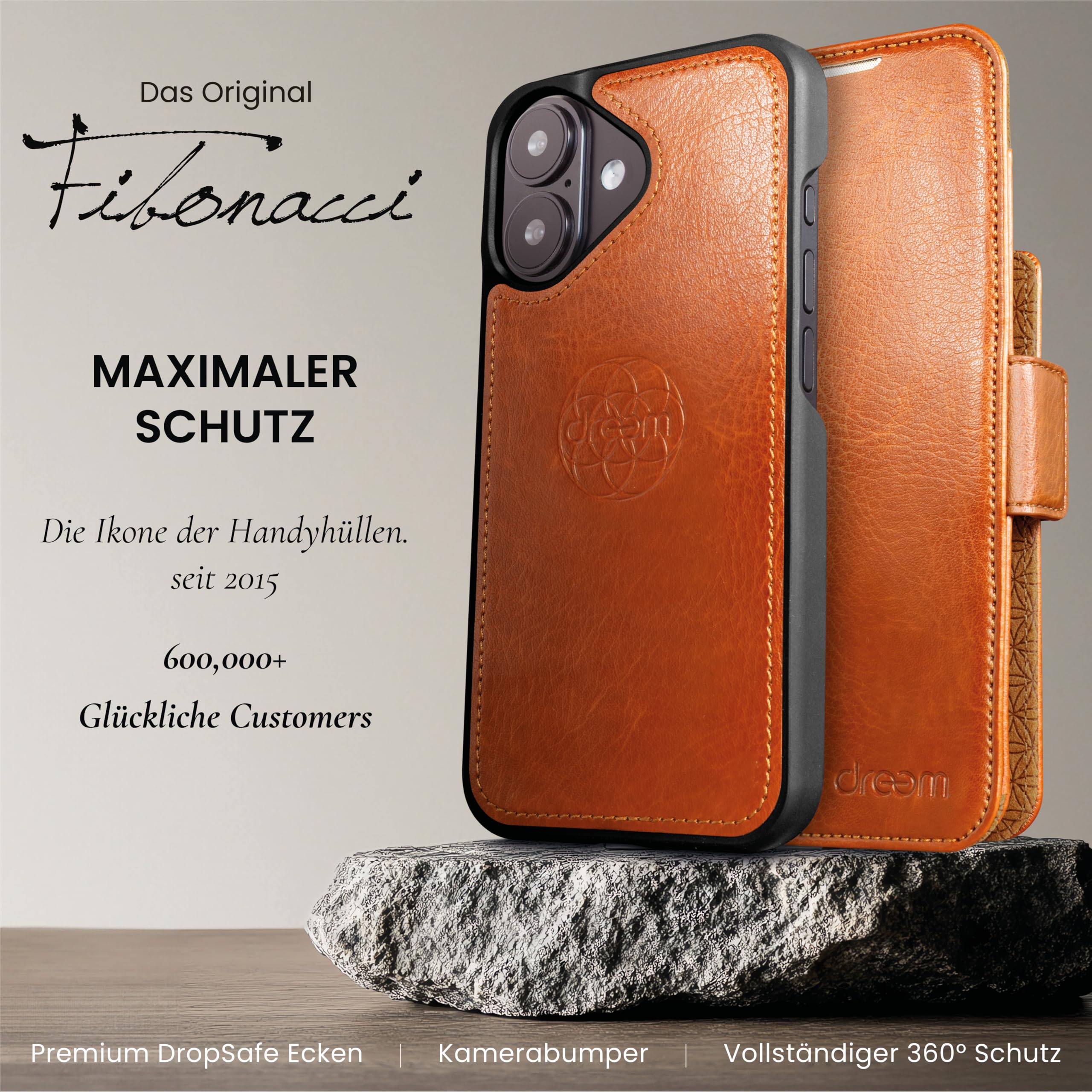 Dreem Vegane Leder Magnetische Abnehmbare Brieftaschenhülle für iPhone 17 | Neuartig vert/horiz Handyhalter, RFID-blockierende Kartenhülle, Kompatibel mit MagSafe, Geschenkbox [Fibonacci: Karamell]
