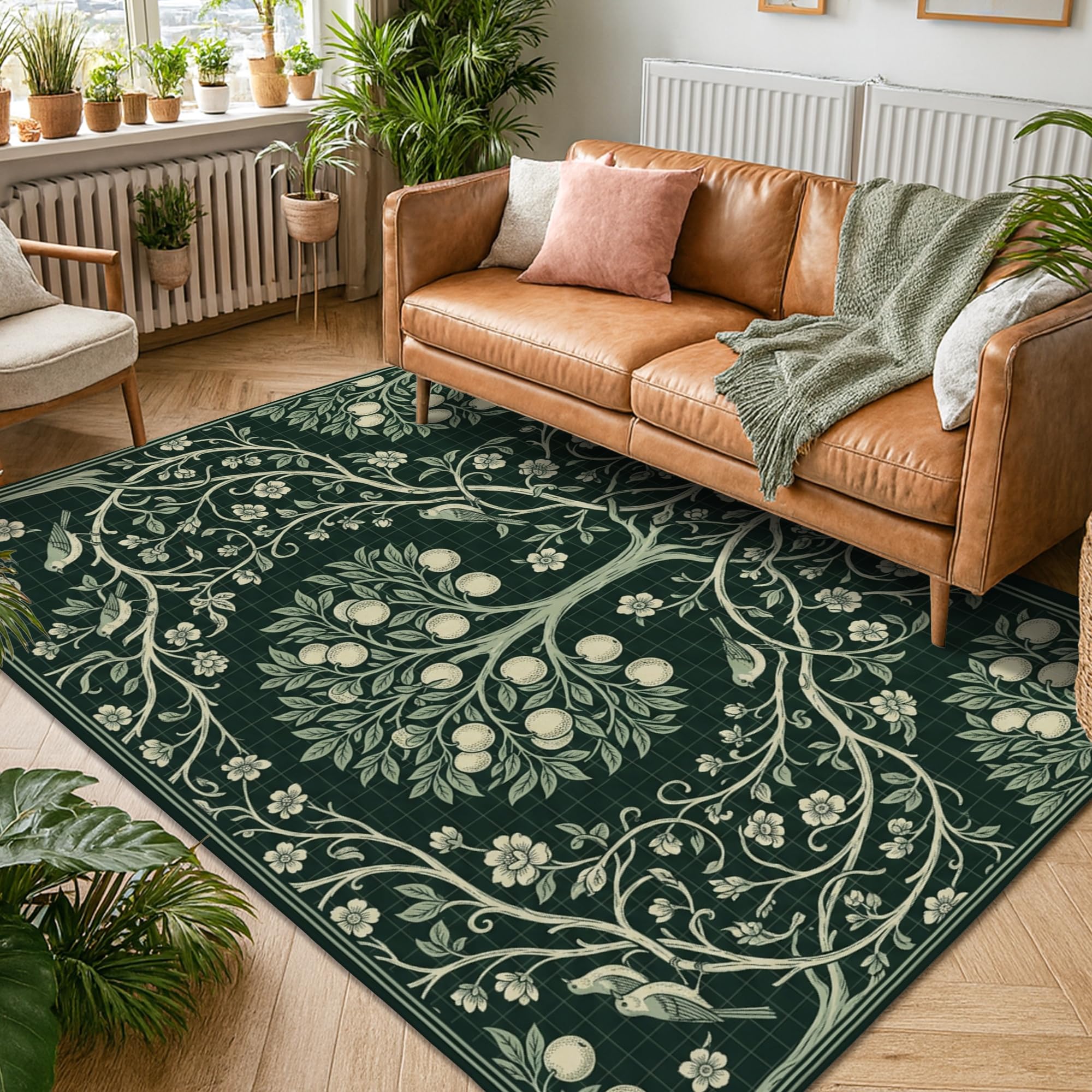Alfombra de área de árbol, ramas naturales botánicas, flores, color verde primavera, esponja de pelo bajo, alfombra rectangular suave, resistente a las manchas, para sala de estar, recámara