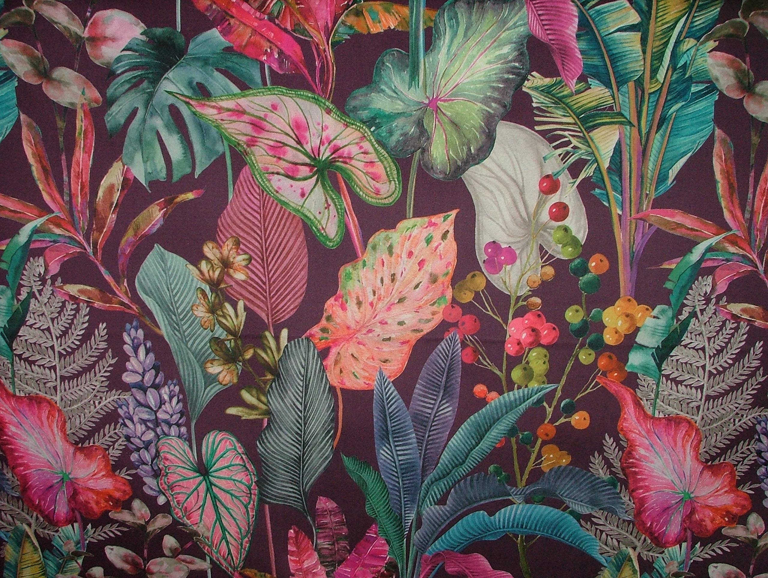 Pandoras Upholstery Multicolor Purple Tropical Palms Plants Botanical Velvet Fabric Curtain Upholstery Cushion (Per Full Metre)