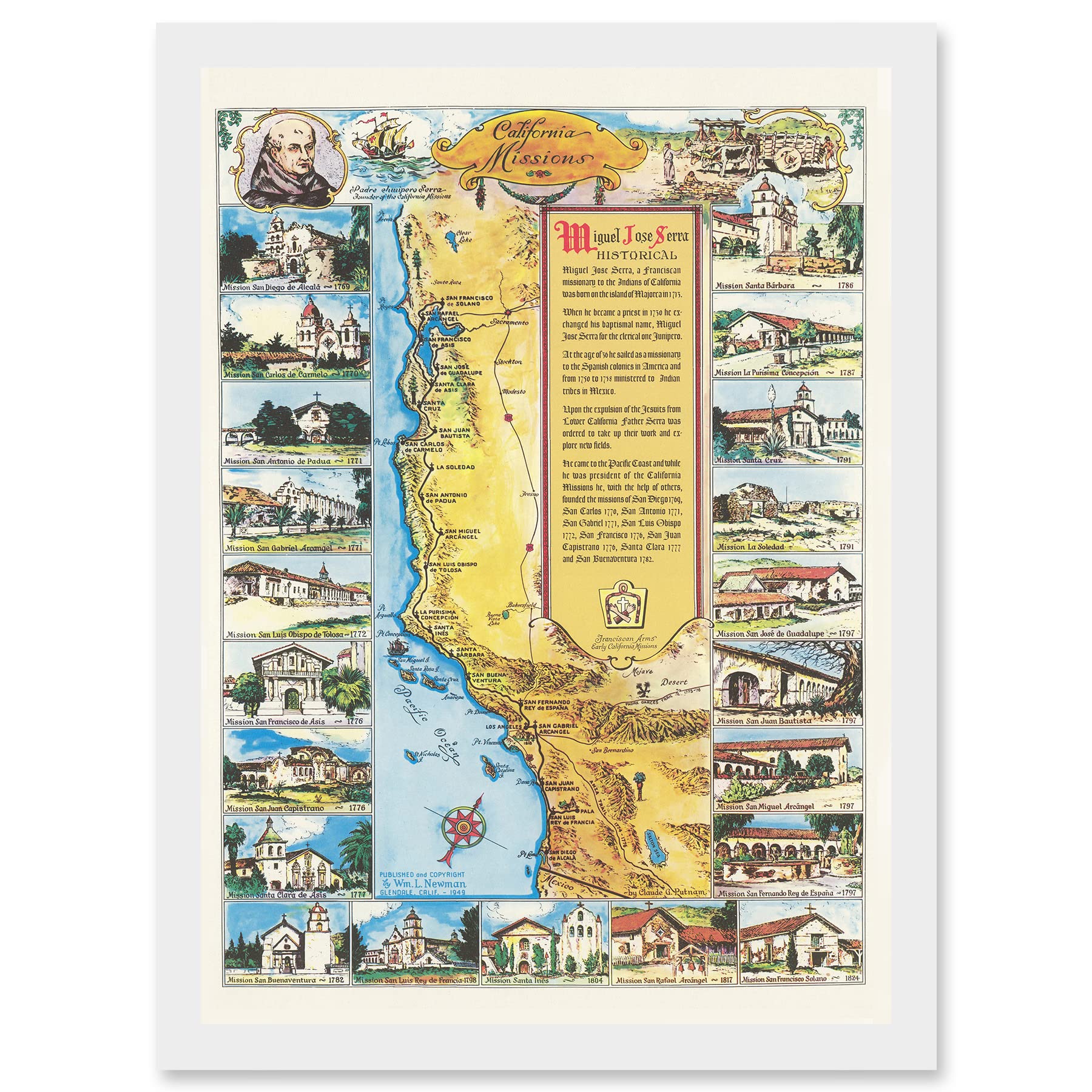 Artery8 Pictorial Map Putnam 1949 California Missions History Artwork Framed Wall Art Print A4