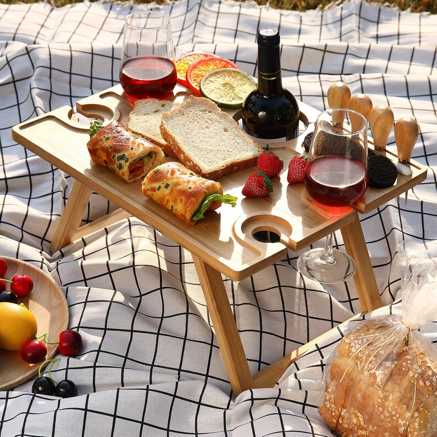 Ollieroo Portable Wine Picnic Table, Foldable Bamboo Snack Table with Wine Bottle and Glass Holder for 2 or 4 : Patio, Lawn & Garden