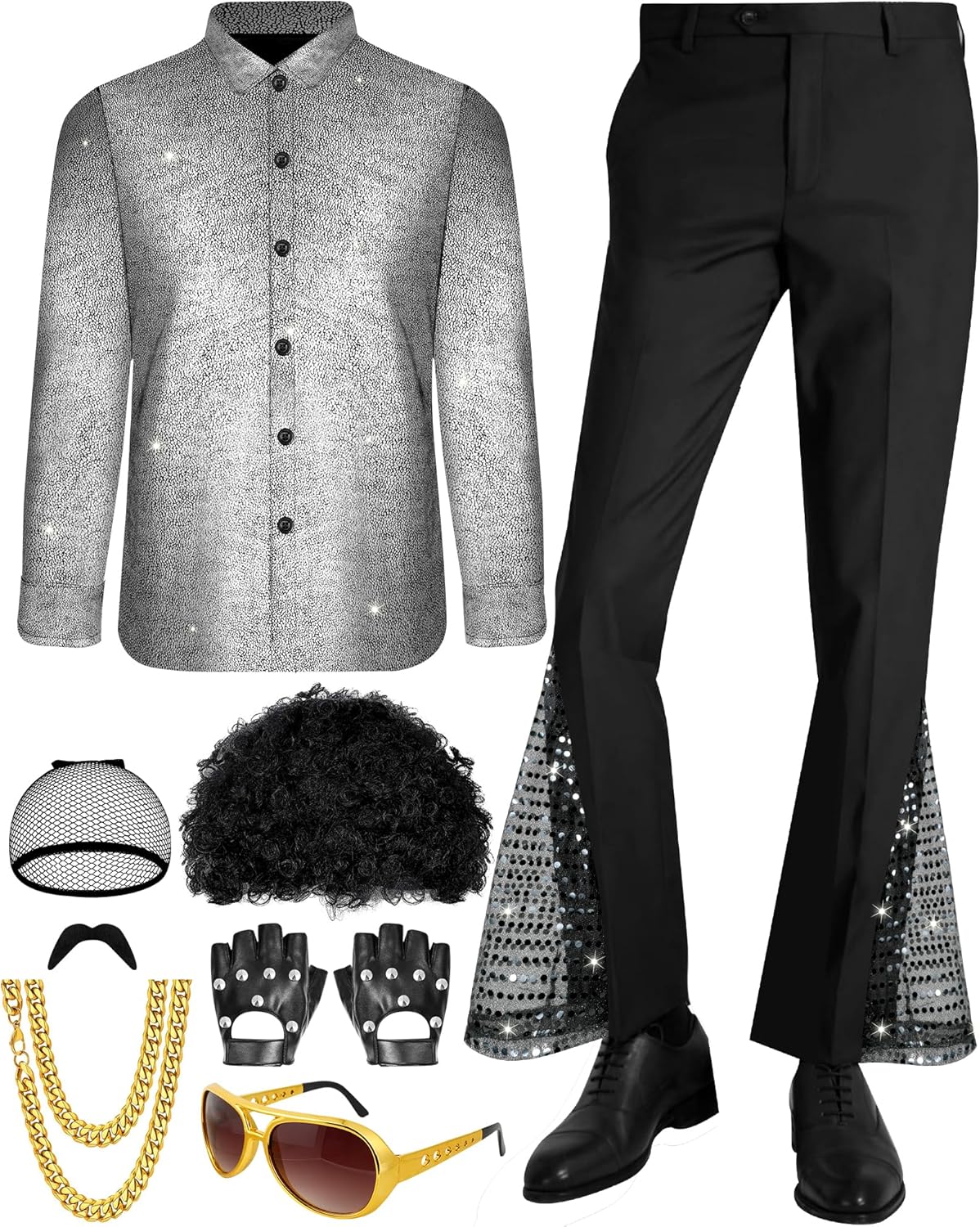 8 Pcs Disco Outfit Men 70s Costume with Retro Sequin Shirt and 80s Bell Bottom Pants, Men's Disco Outfit for Halloween