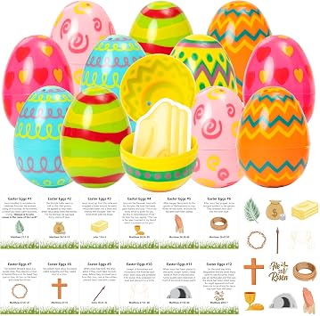 COcnny Easter Story Religious Eggs - 12 Set Easter Eggs with Matching Holy Week Cards and Religious Figurines Paper Token for Basket Stuffer, Christian Gift for Sunday School Hunt Activities