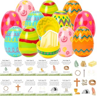 COcnny Easter Story Religious Eggs - 12 Set Easter Eggs with Matching Holy Week Cards and Religious Figurines Paper Token for Basket Stuffer, Christian Gift for Sunday School Hunt Activities