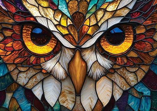Rompecabezas de búho de vidrieras para adultos, rompecabezas de 1000 piezas con póster adicional, diseño único y colores vibrantes