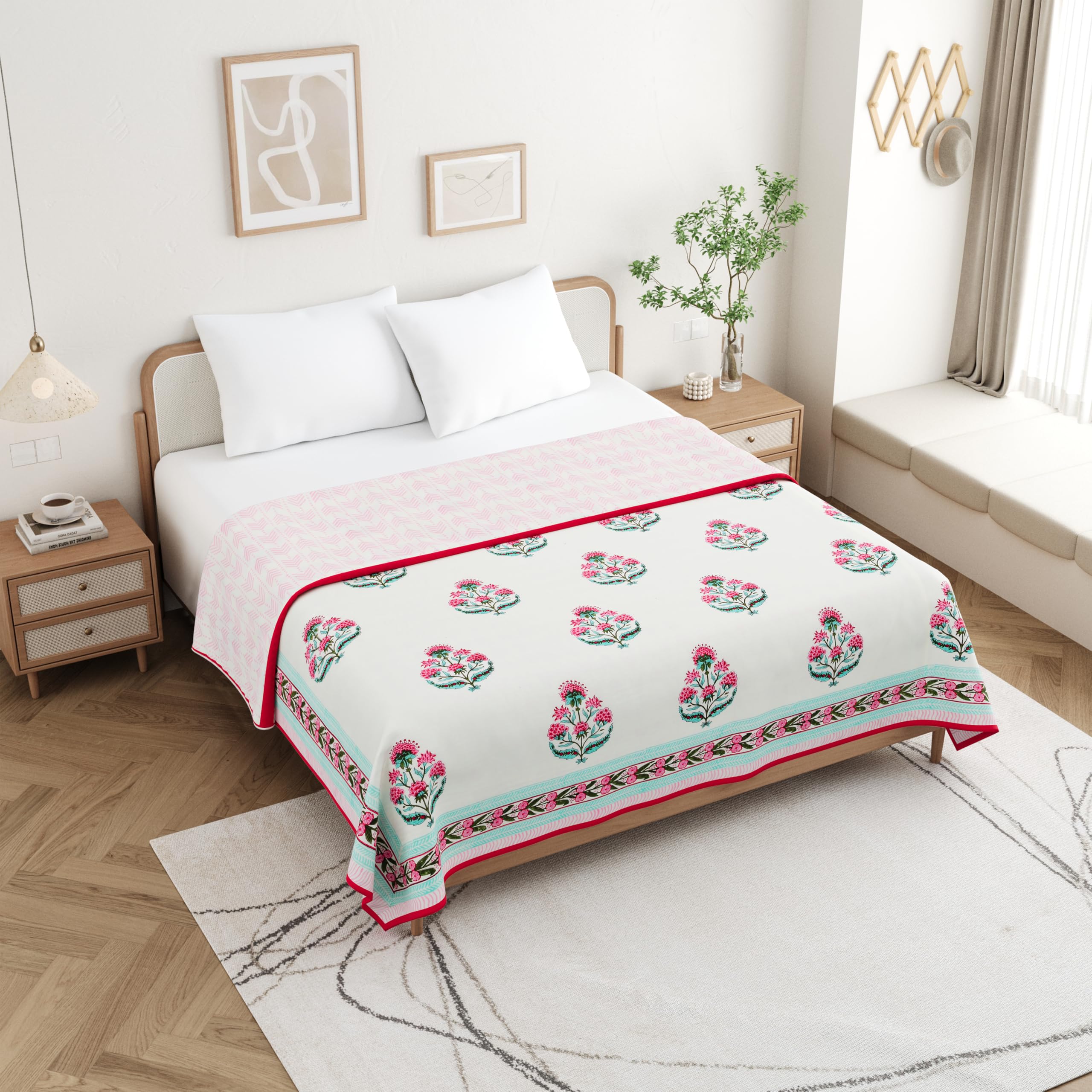 Hand Block Printed Cotton Dohar Blanket - Pink Rose -11 Hand Block Printed Cotton Dohar Blanket - Pink Rose -11