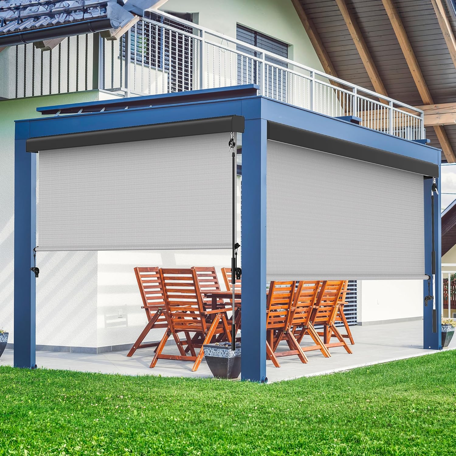 Outdoor Roller Shade for Patio with Aluminum Valance, (10'W X 8'H) 420GSM New Material Patio Blinds with 95% UV Blockout, Outdoor Blinds with Crank Handle for Shading, Privacy Protection, Gray with Crank and Valance 10'W X 8'H Gray