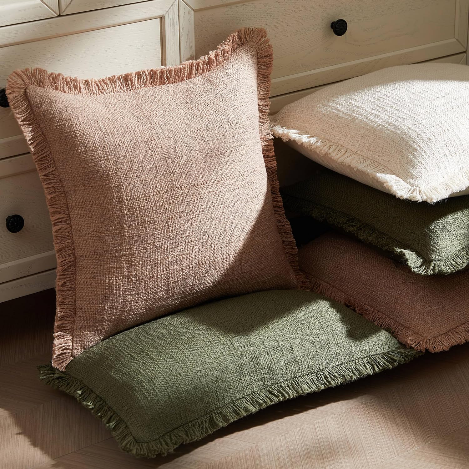 Decorative Throw Pillow Covers Set of 2,18x18 Inch Boho Farmhouse Cushion Covers with Tassels Natural Fringe Design for Couch Sofa Living Room Decor (Beige, 18"x18"(Pack of 2))