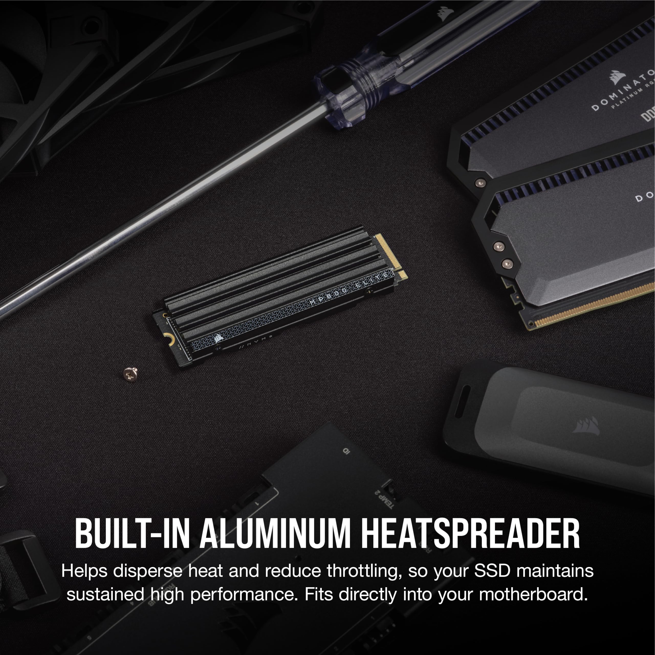 Corsair MP600 Elite 1 to M.2 PCIe Gen4 x4 NVMe SSD avec Dissipateur Thermique Inclus - M.2 2280 - Jusqu'à 7 000 Mo/s en Lecture Séquentielle - 3D TLC NAND Haute Densité - Noir